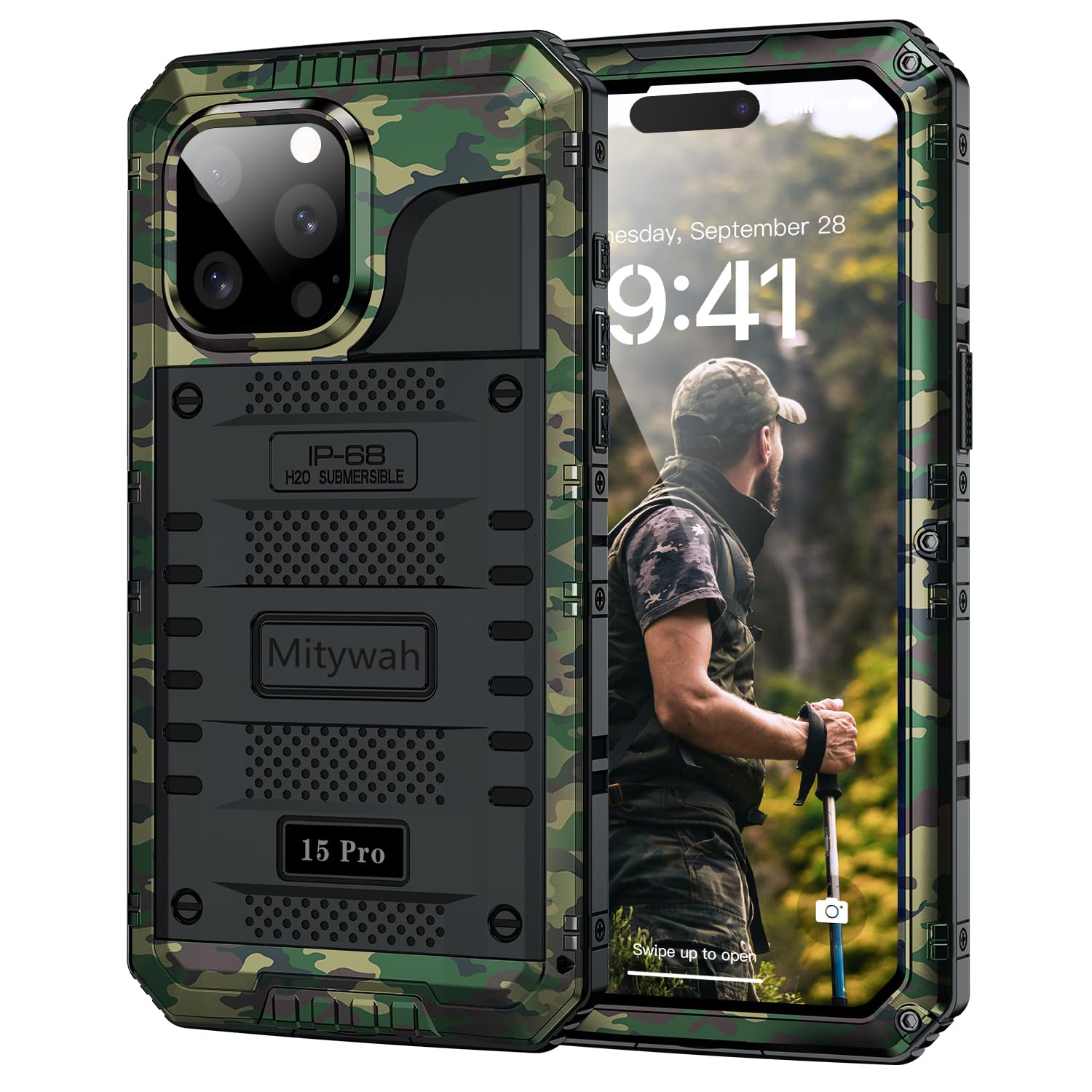 Mitywah Wasserdichte Hülle für iPhone 15 Pro, robuste, stoßfeste Hülle mit integriertem Displayschutz, Ganzkörper-Unterwasser-Schutzhülle, Metallhülle, 6,1 Zoll, Camouflage