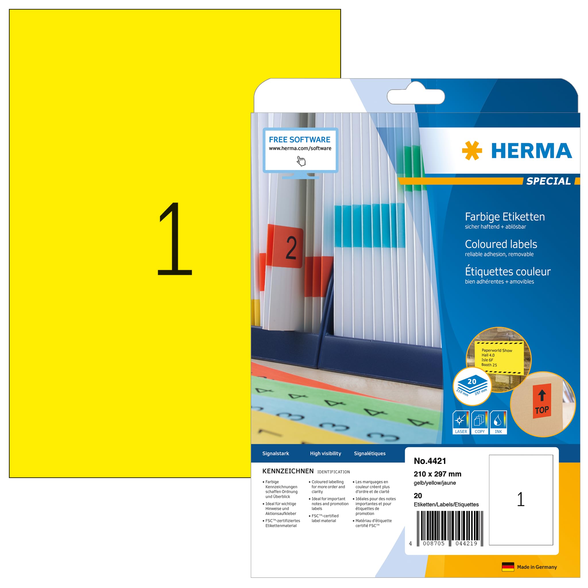 HERMA 4421 210x297mm Laser Paper Rectangular Coloured Labels - Matte Yellow (20 Labels, 1 per Sheet)