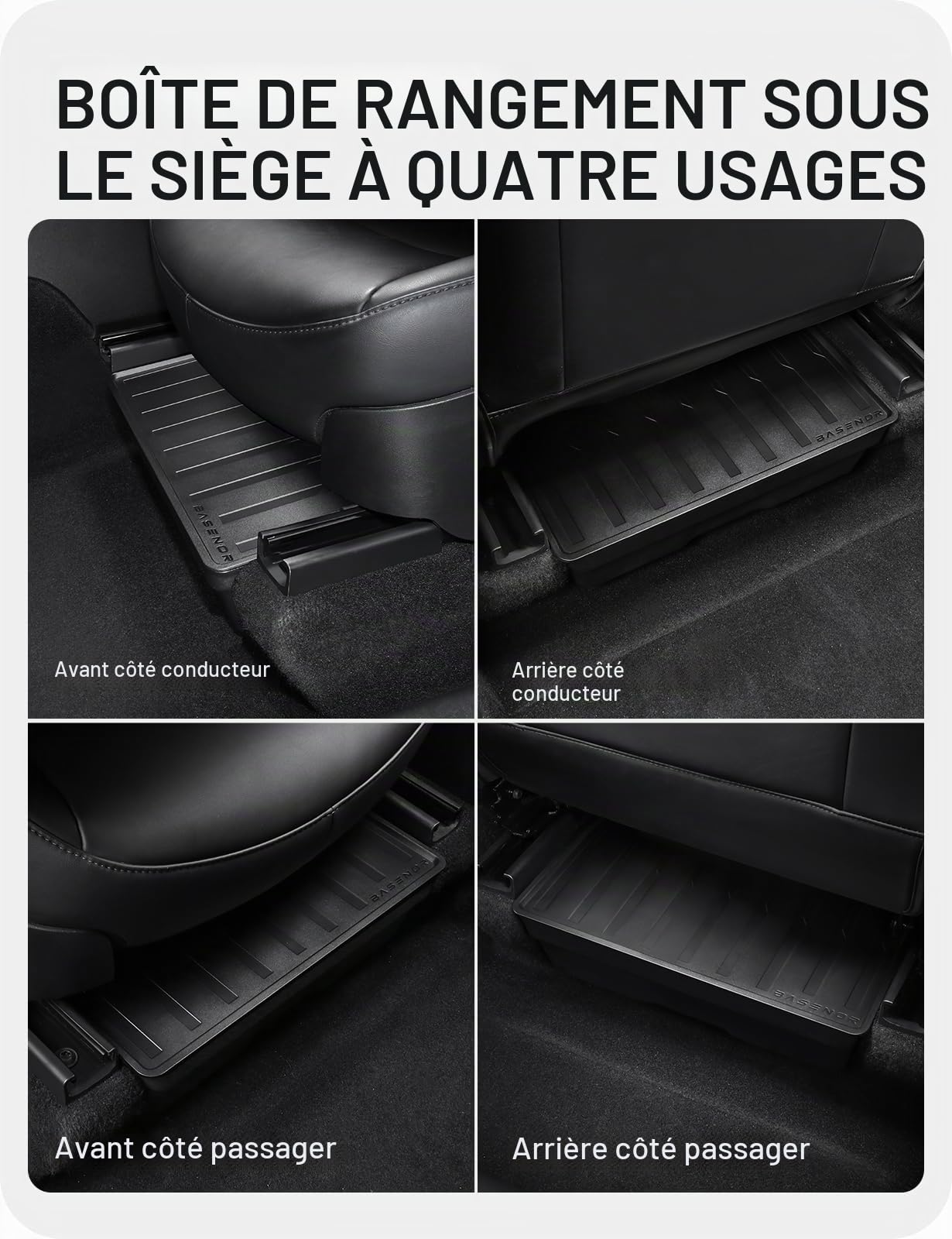 BASENOR 2 pièces Tesla modèle Y sous le siège boîte de rangement organisateur plateau caché bacs sous le siège avec couvercle accessoires intérieurs Gen 2 2021-2024