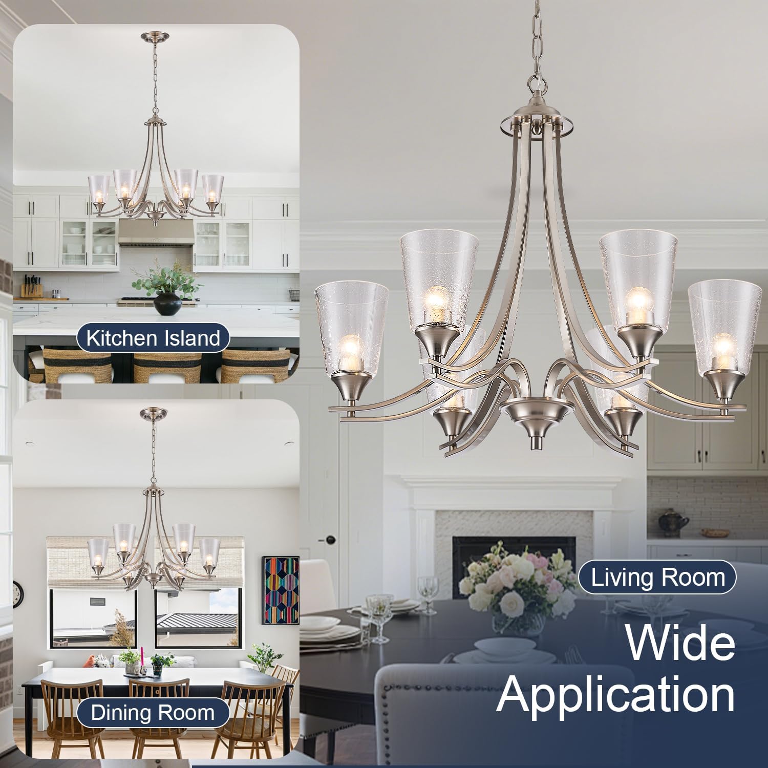 Brushed Nickel Chandelier Light Fixture for Kitchen Island 6-Light Pendant Lighting with Seed Glass Lampshade Max 47.2 Height Adjustable Silver Hanging Light for Dining Room Foyer Living Room