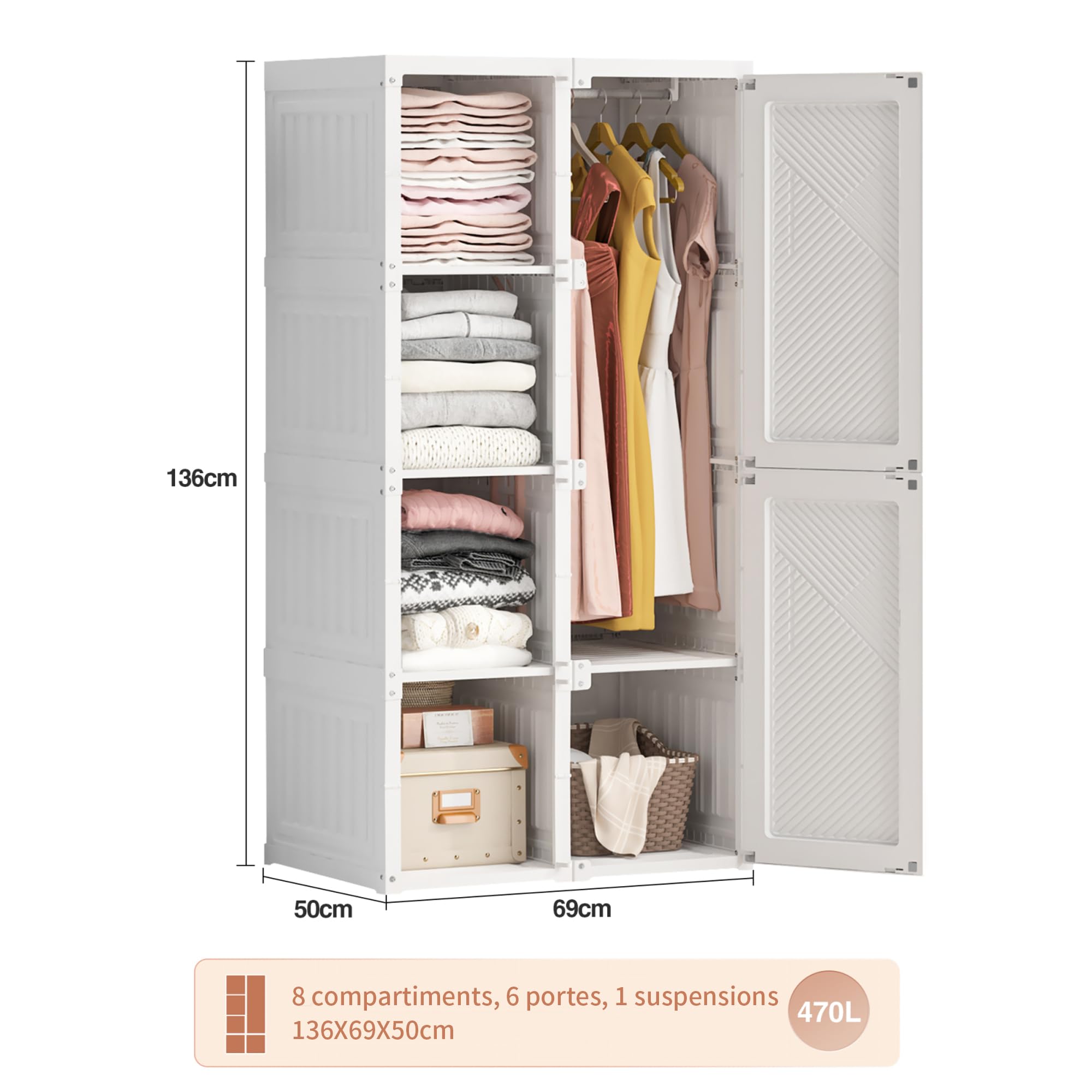 Armadietto portaoggetti bianco 69 x 50 x 136 cm, armadio guardaroba portatile, pieghevole, guardaroba con 5 piani, con asta per vestiti, per camera da letto organizer per vestiti