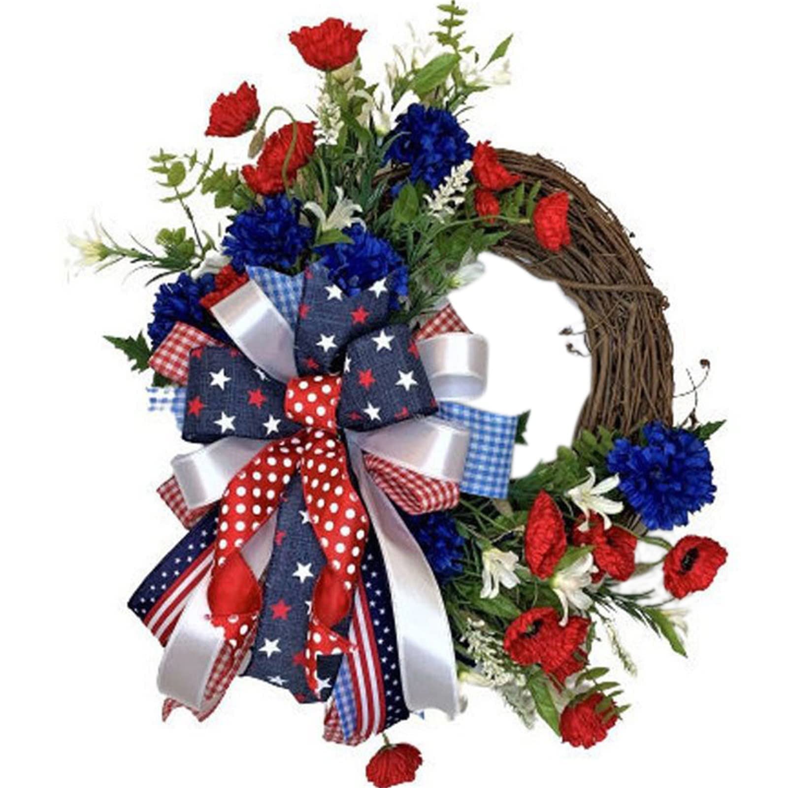 4th of July Wreath Artificial Patriotic Wreaths for Front Door Red White and Blue Wreath American Flag Wreath for 4th of July Door Hanger Memorial Day Wreath Summer Wreath for Home Farmhouse (01)