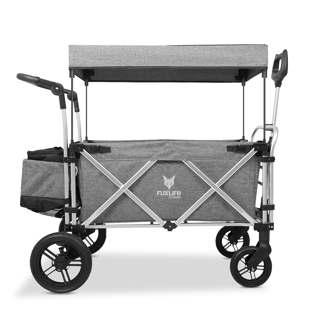 FUXLIFE Bollerwagen FX-CTL900 Premium Grau - Premium faltbar • Kinder Transportwagen mit Sonnendach • gepolsterter Innenraum & 5-Punkt-Gurte • gefederte Räder • klappbarer Handwagen mit Kühltasche