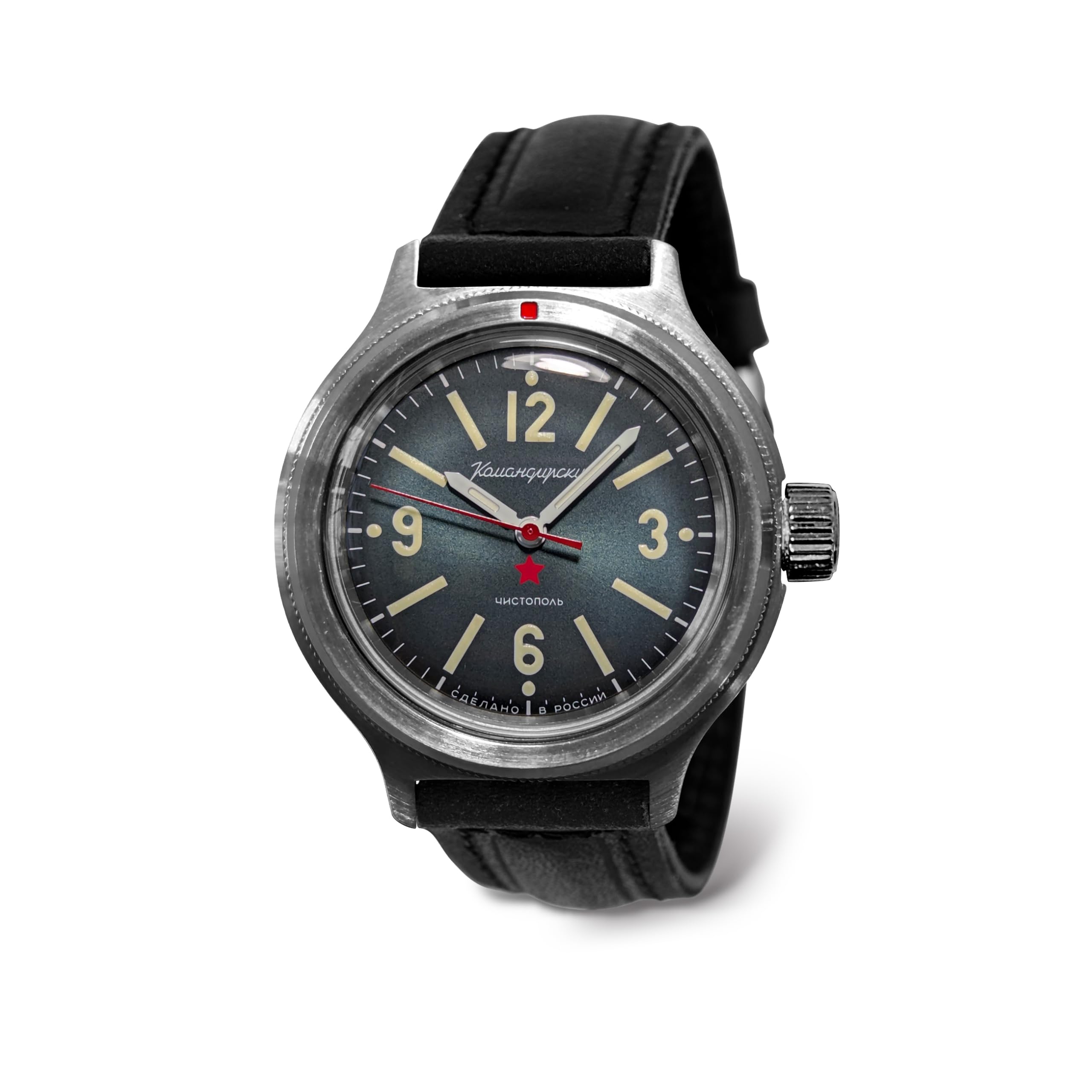 VOSTOK Komandirskie 72047 Orologio automatico | Lancette luminose | Resistenza all'acqua 200 m | Pelle nera