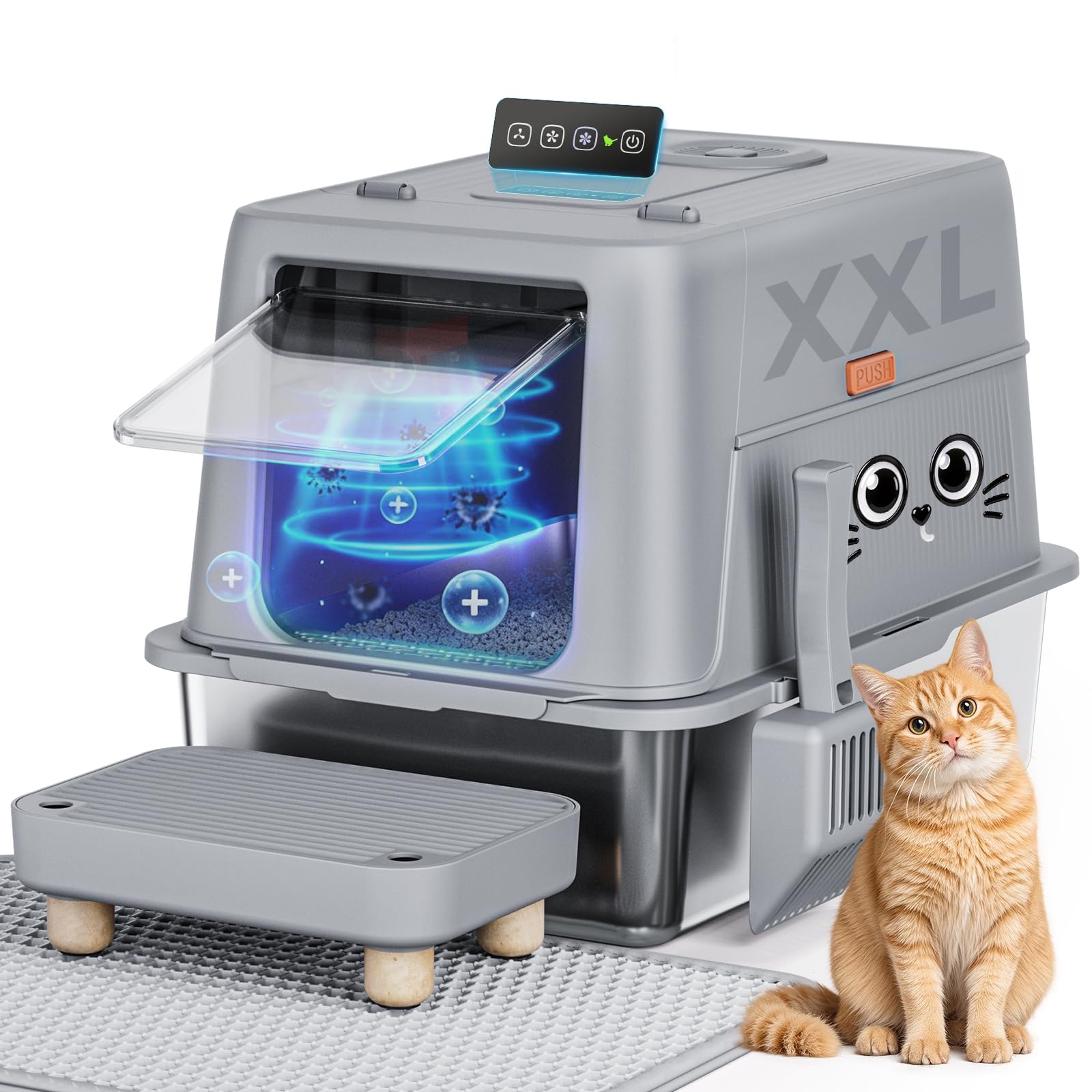 GTPLAYER Smart Stainless Steel Cat Litter Box with Lid, Fresh Air Odor Control (Breeze), Infrared Sensor Auto Pause, High-Sided, Non-Stick, Anti-Leak, XXL, with Mat, Scoop & Step, Grey