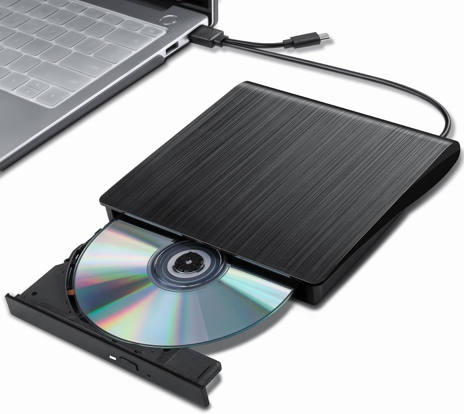 Madhabi External DVD Drive USB 3.0 & Type-C, Slim Portable CD/DVD Burner Rewriter, Compatible with Laptop, PC, MacBook, Desktop, Notebook, Windows, Linux, Mac OS – Black