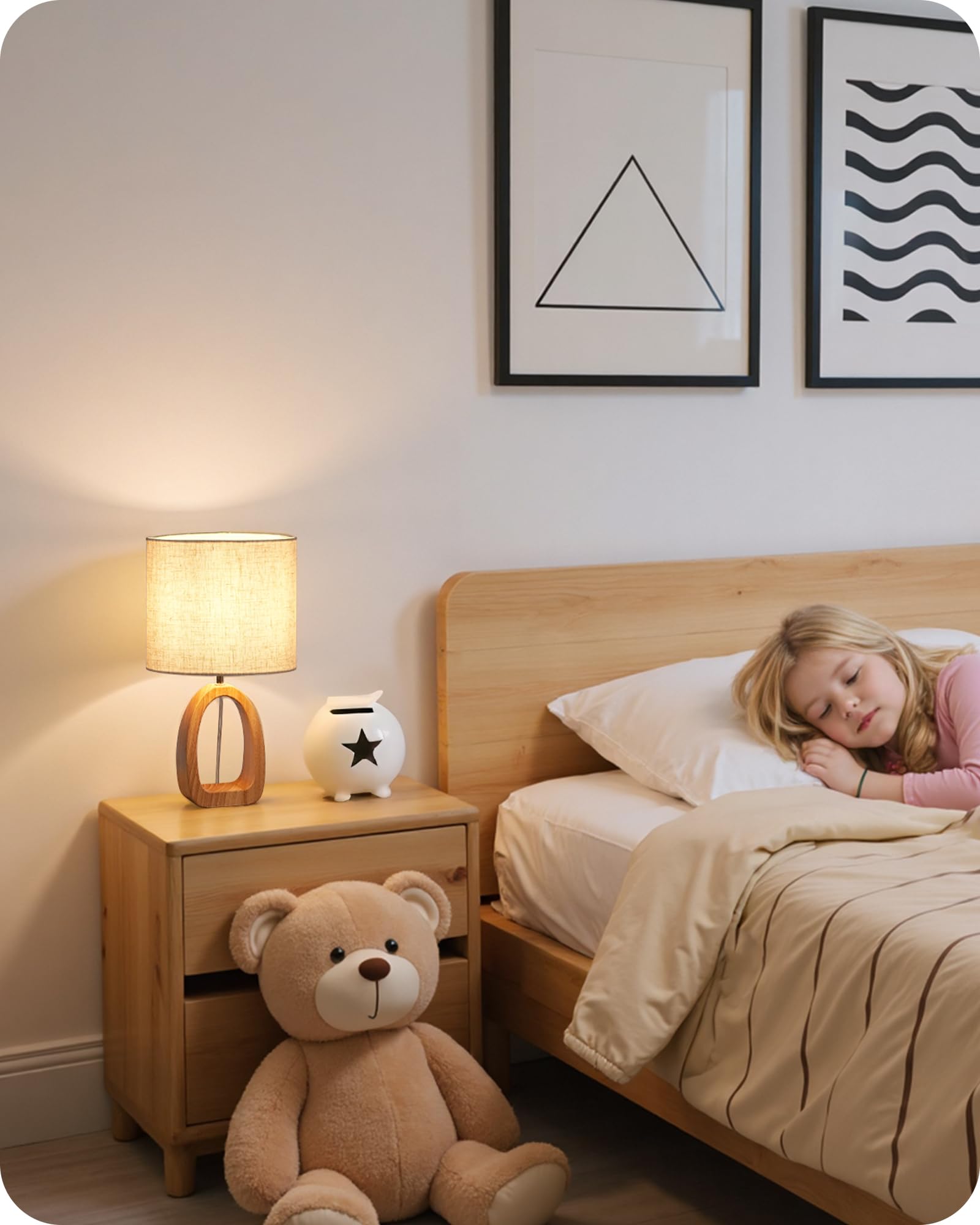 GOEBLESON Table Lamp, Wood Bedside Lamp with Ring-Shaped Base and Linen Lampshade, Modern Desk Lamp with Cable, E27 Base - Image 2