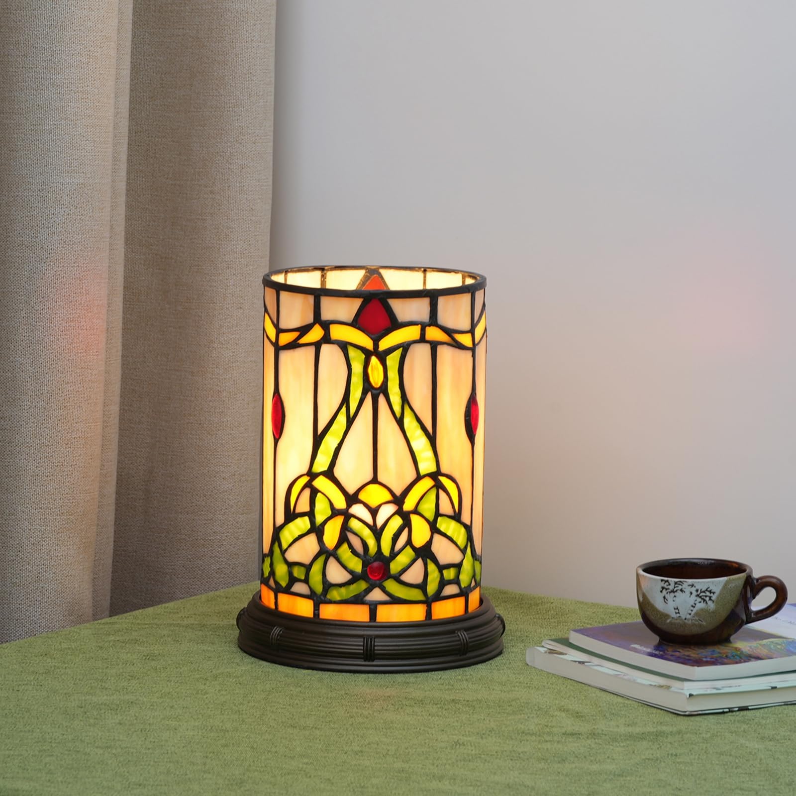 Tiffany styl matam witrażowa lampa stołowa do salonu, sypialni, stolik nocny, wazon, dekoracja, mała lampka nocna, urocza lampka dla dzieci, akcent, LED, cylindryczna, vintage, lampa biurkowa