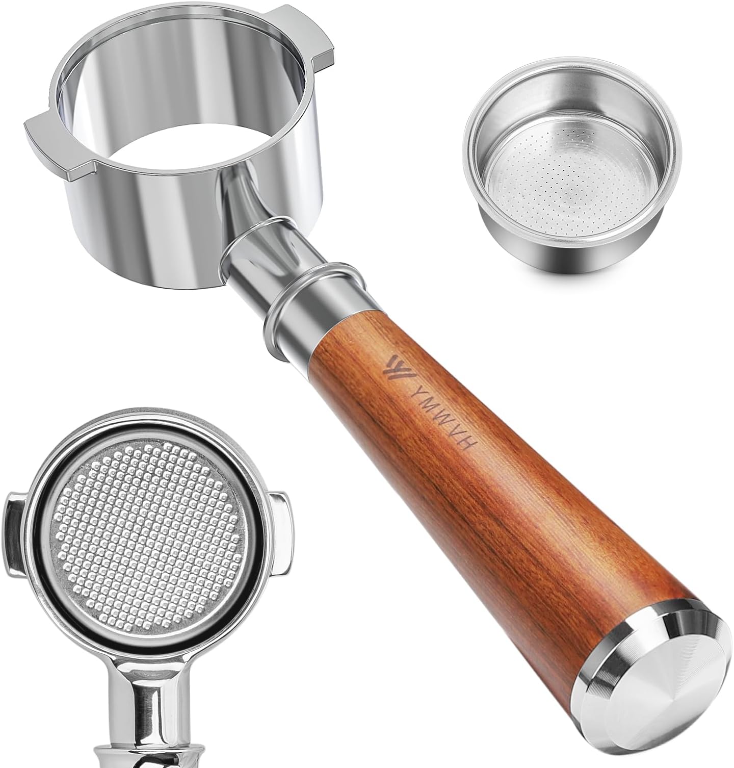 51mm Bottomless Portafilter 2 Ears for Delonghi Stilosa ECP3420/EC155/BCO430/EC260,Stainless Steel Filter Basket and Walnut Handle