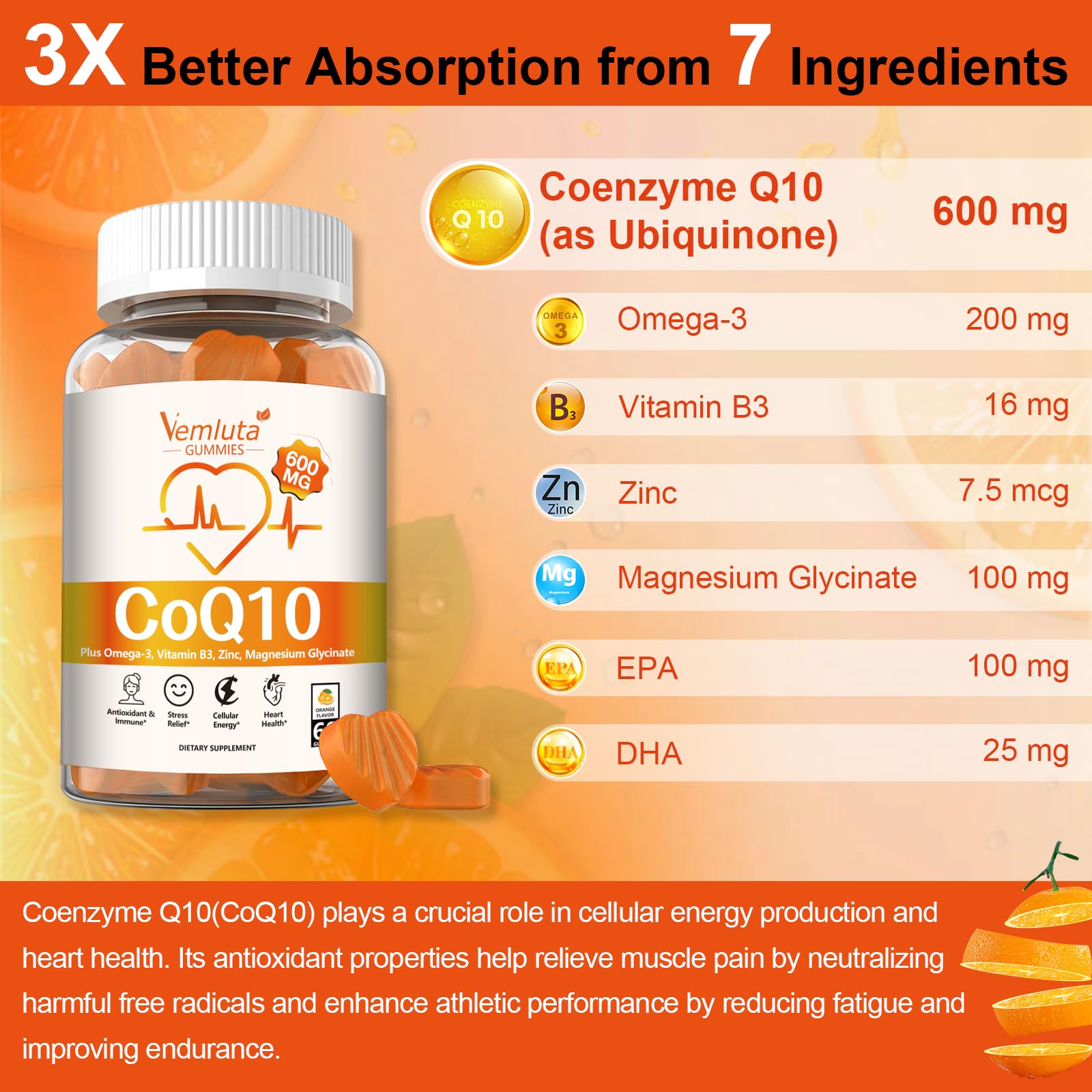 2 Pack CoQ10 Gummies, CoQ10-600mg- 3X Better Absorption Co q 10 Supplement Plus Omega-3, Magnesium, Vitamin B3 & Zinc for Adults Energy, Brain& Heart Support,120 Counts — Amazon image 3