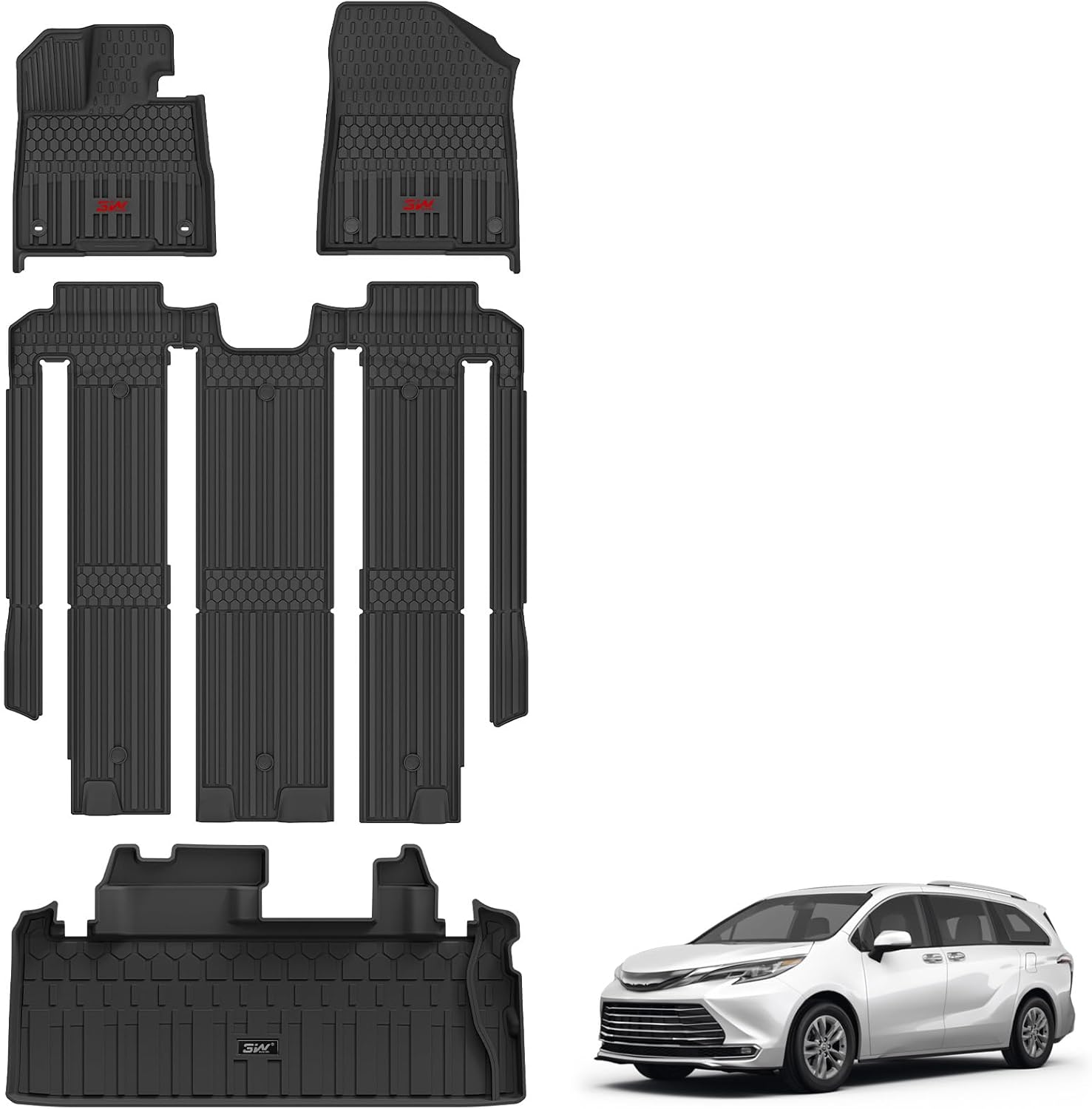 3W Floor Mats & Cargo Liner Fit Toyota Sienna 7 Seat 2021-2025 (Except for 2025 Platinum Edition), TPE All Weather Custom Fit Floor Liner for Sienna XLE/XSE/Limited/Woodland Edition Sienna 7 S|21-25|Full Mats Red Accent