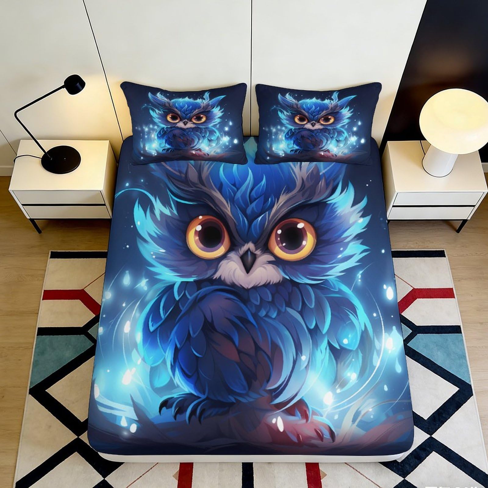 3D Printed Owl Fitted Sheet Microfiber Deep Pocket Bedroom Decor Owl Mattress Fitted Cover Elastic Hem 200x200x25cm