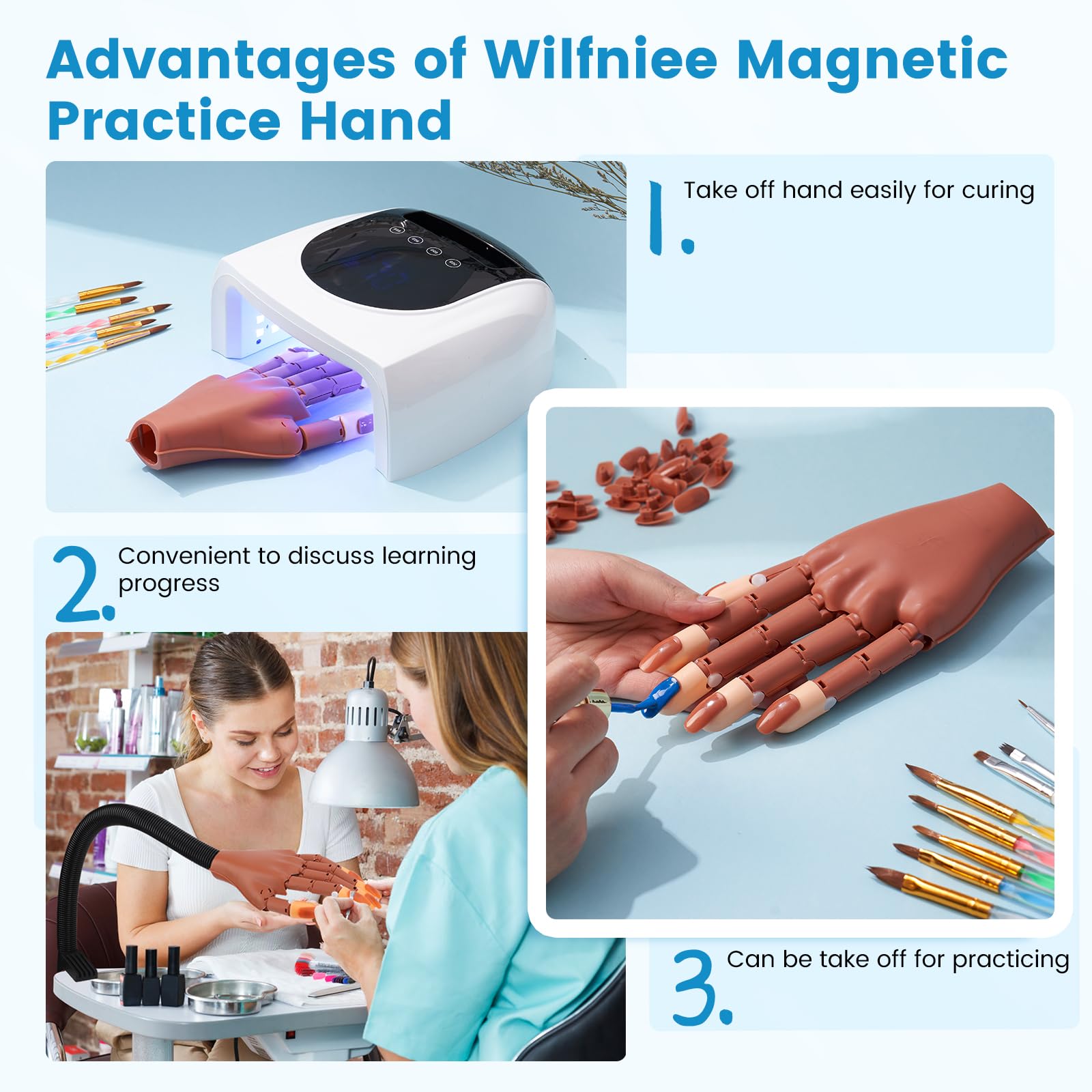 Wilfniee Mano magnetica pratica per unghie acriliche: mano flessibile per praticare unghie finte, kit manicure per principianti, marrone