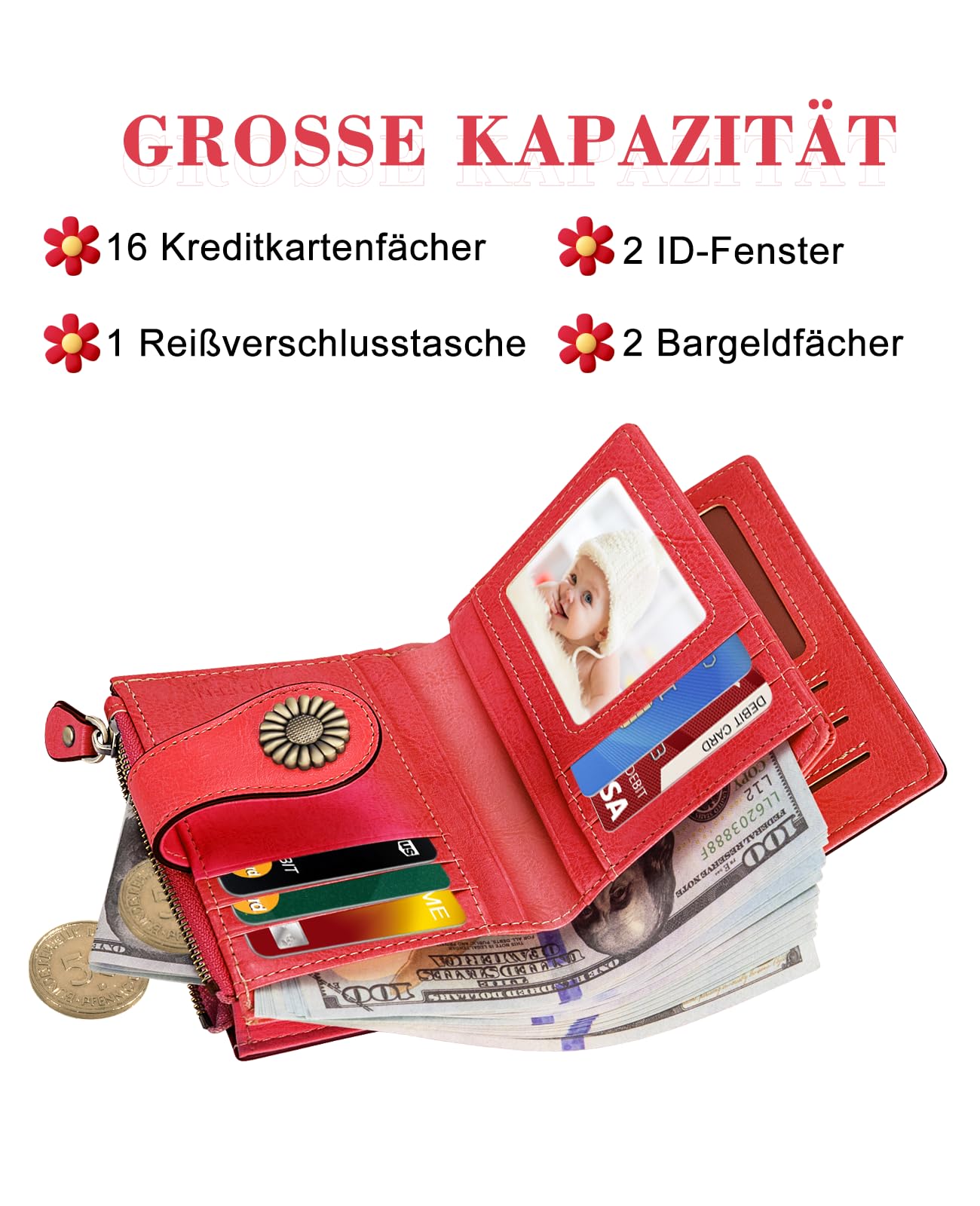 UNOSEKS Portafoglio da donna piccolo con protezione RFID, in vera pelle, con tripla portafogli da donna, Colore: rosso, M-03, Classico