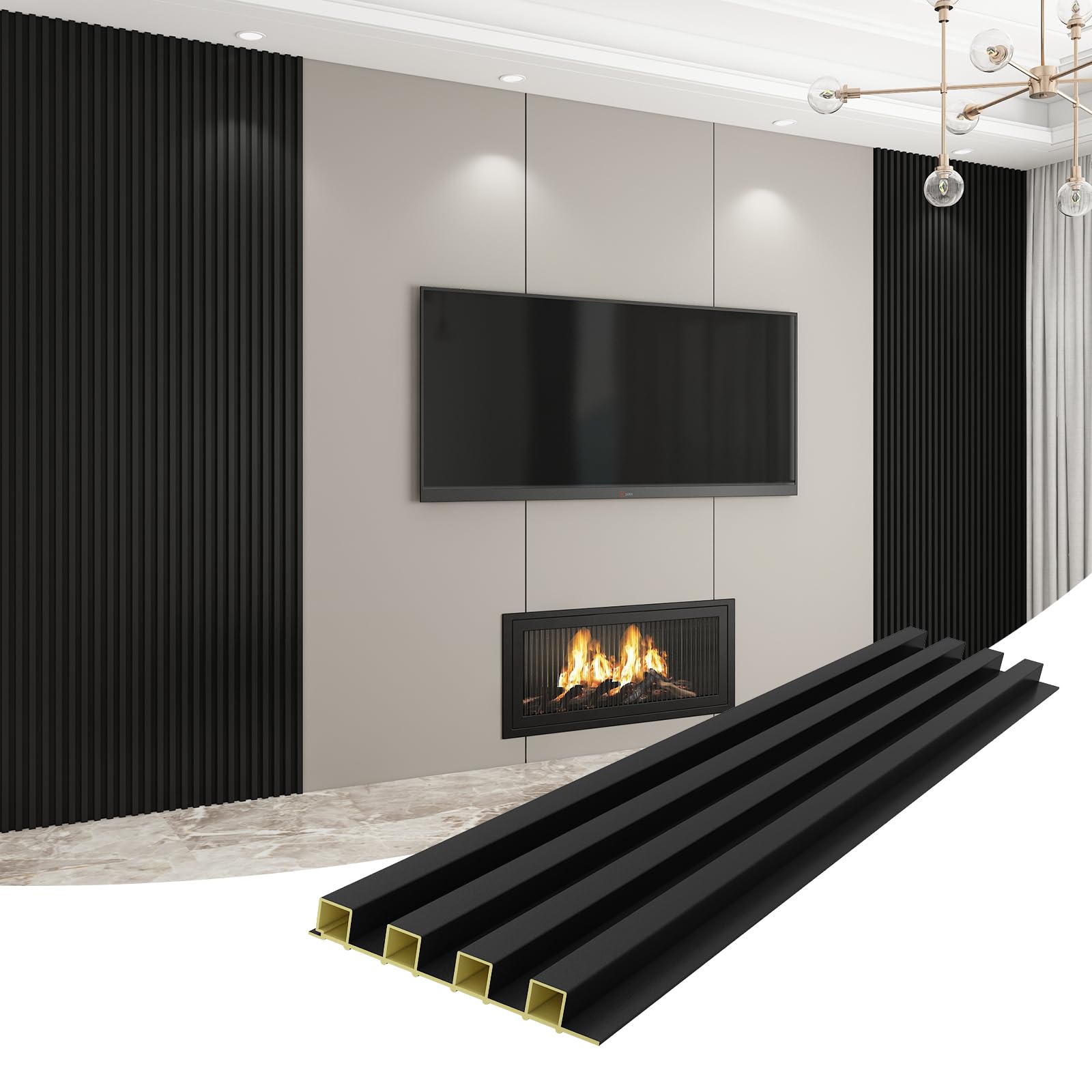 8-pack wpc wall panels 118’’ x 6.1’’ 3d slat wall panel acoustic wall paneling for interior wall decor tv background kitchen bedroom black