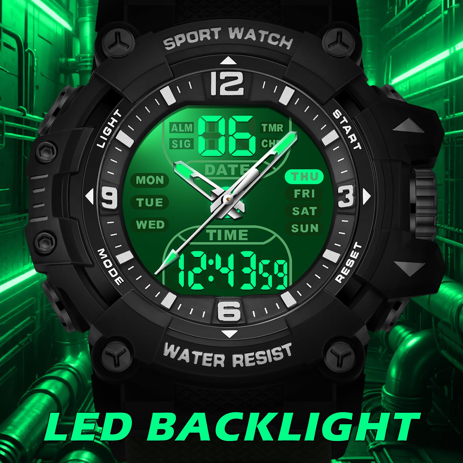 findtime Digitale wasserdichte Sportuhr für Herren, großes Zifferblatt, Alarm, Stoppuhr, Countdown, taktische Herren-Armbanduhr für Herren, leuchtende Outdoor-Laufuhr