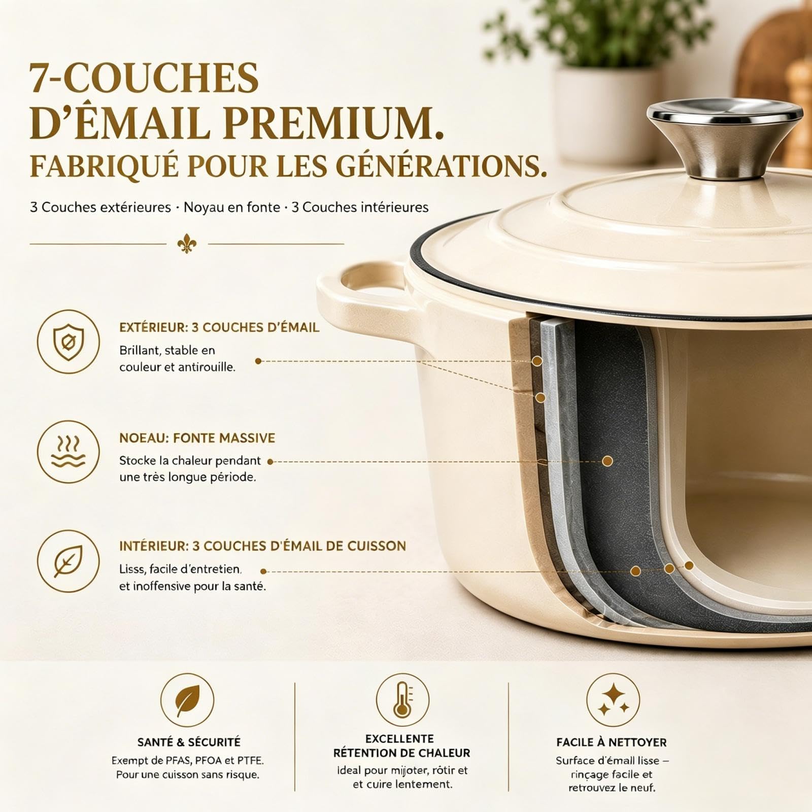 AHJ 4 Casseroles en Fonte Émaillée, Ensemble de cocottes avec poêle à Pain de 4,5 L, rôtissoire de 2,5 L, poêle à Griller de 1,2 L et Couvercle, antiadhésif, va au Four jusqu'à 260°C, Blanc
