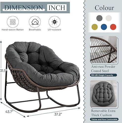 Miniatura 22 de Mecedora para exteriores, silla mecedora de huevos de mimbre de gran tamaño, para interiores y exteriores, cómoda silla mecedora con cojín grueso