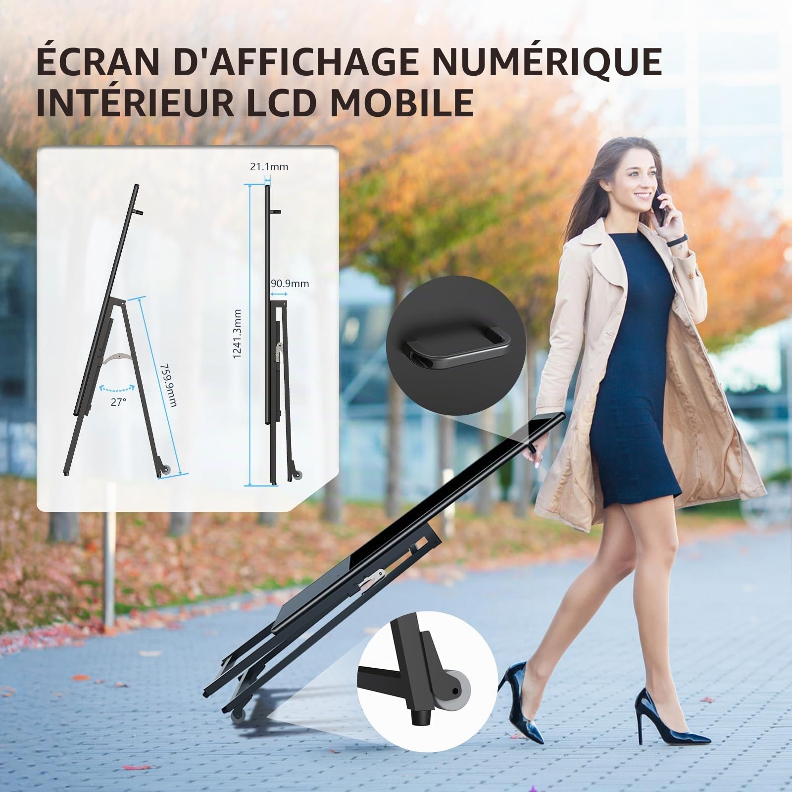 MWE 32 Pouces Intérieur Écran Publicitaire, avec 4 Rouleaux, Écran d'affichage Portable, Convient aux Centres Commerciaux, Restaurants, Hôtels, Présentoirs de Produits