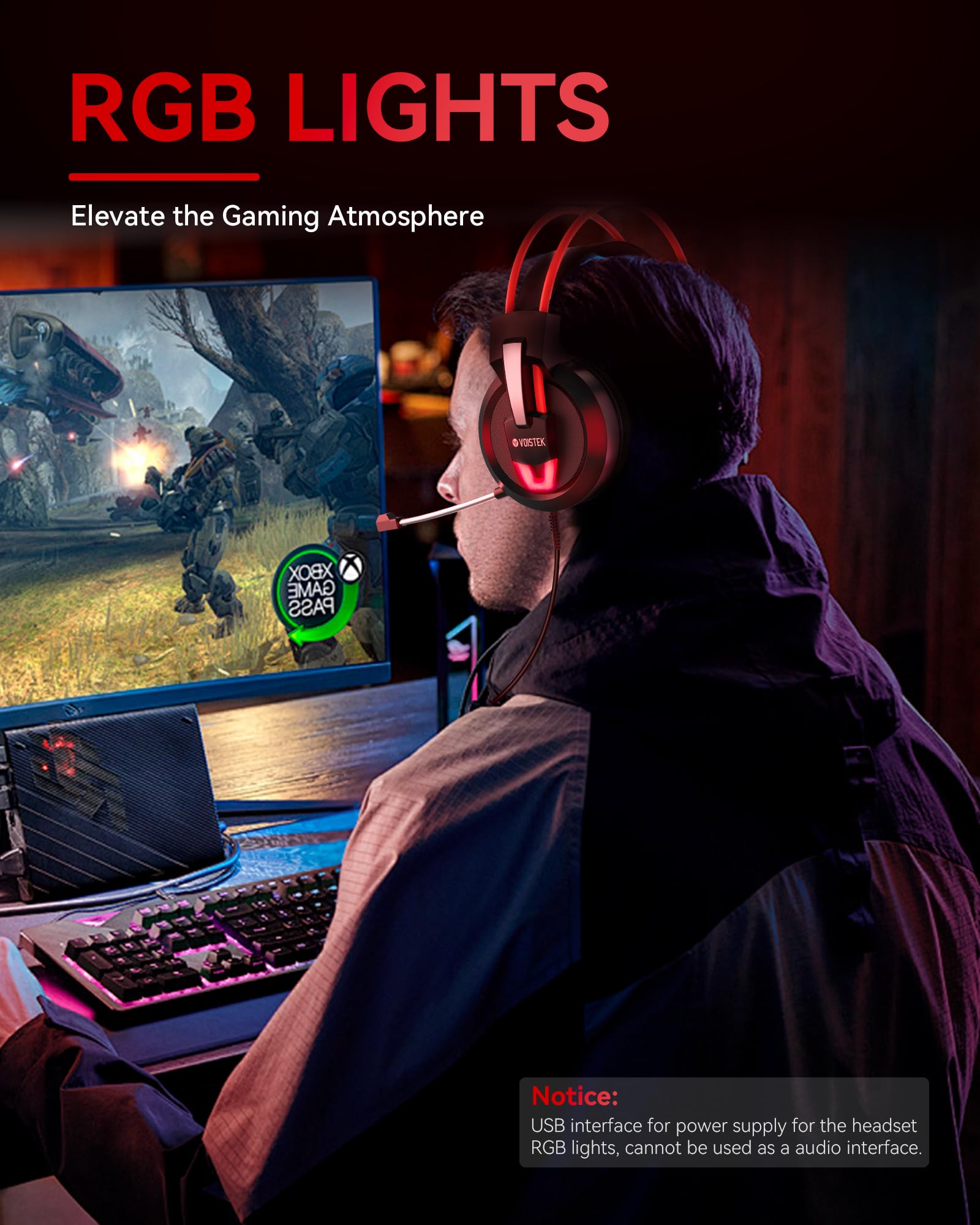 Voistek Cuffie da gioco con microfono, suono surround, cancellazione del rumore, colore rosso