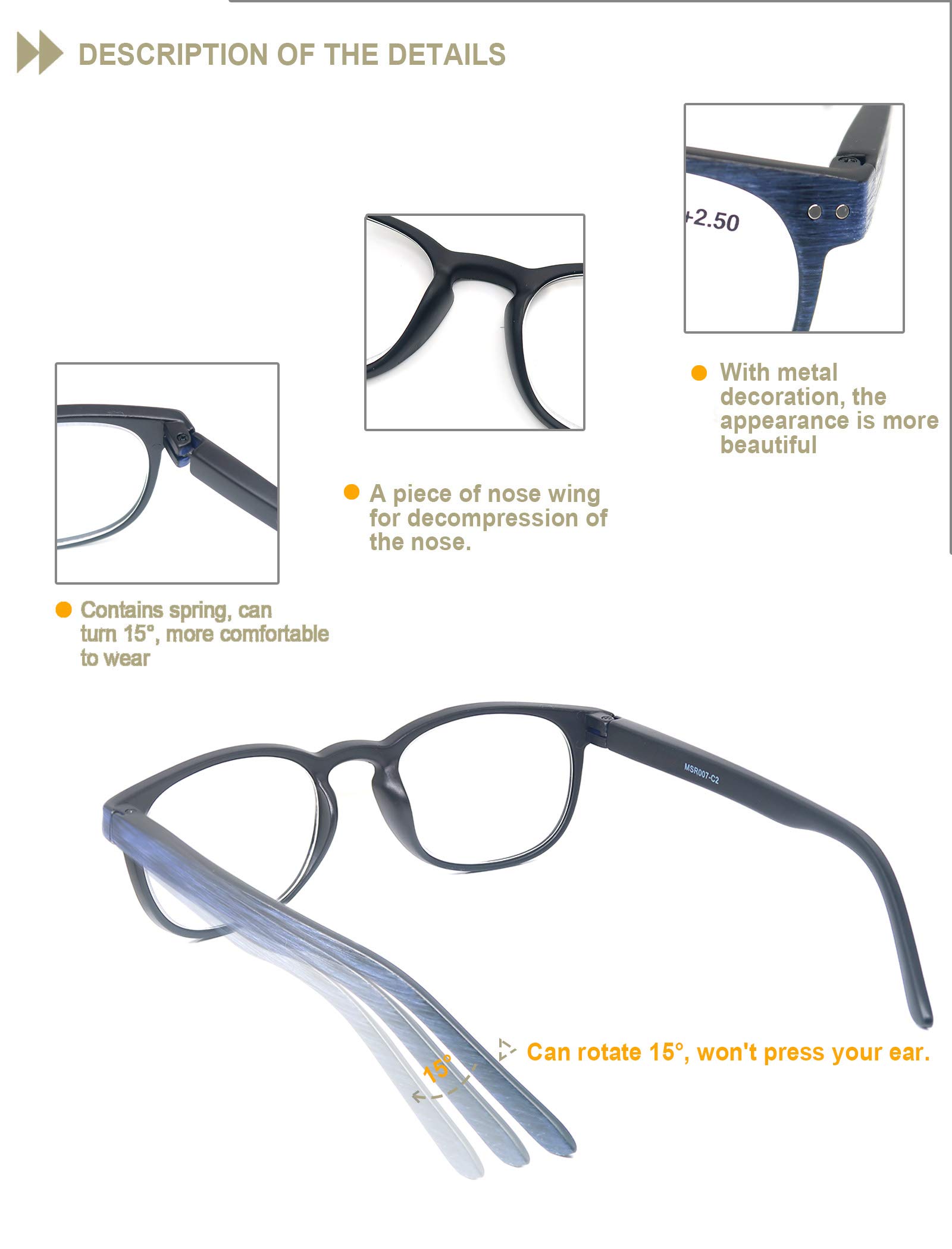 HEEYYOK 4 Pack Reading Glasses Mens Womens Unisex Retro Round Wood-Design Glasses for Reading Comfortable Lightweight Quality with Spring Hinge - Image 3