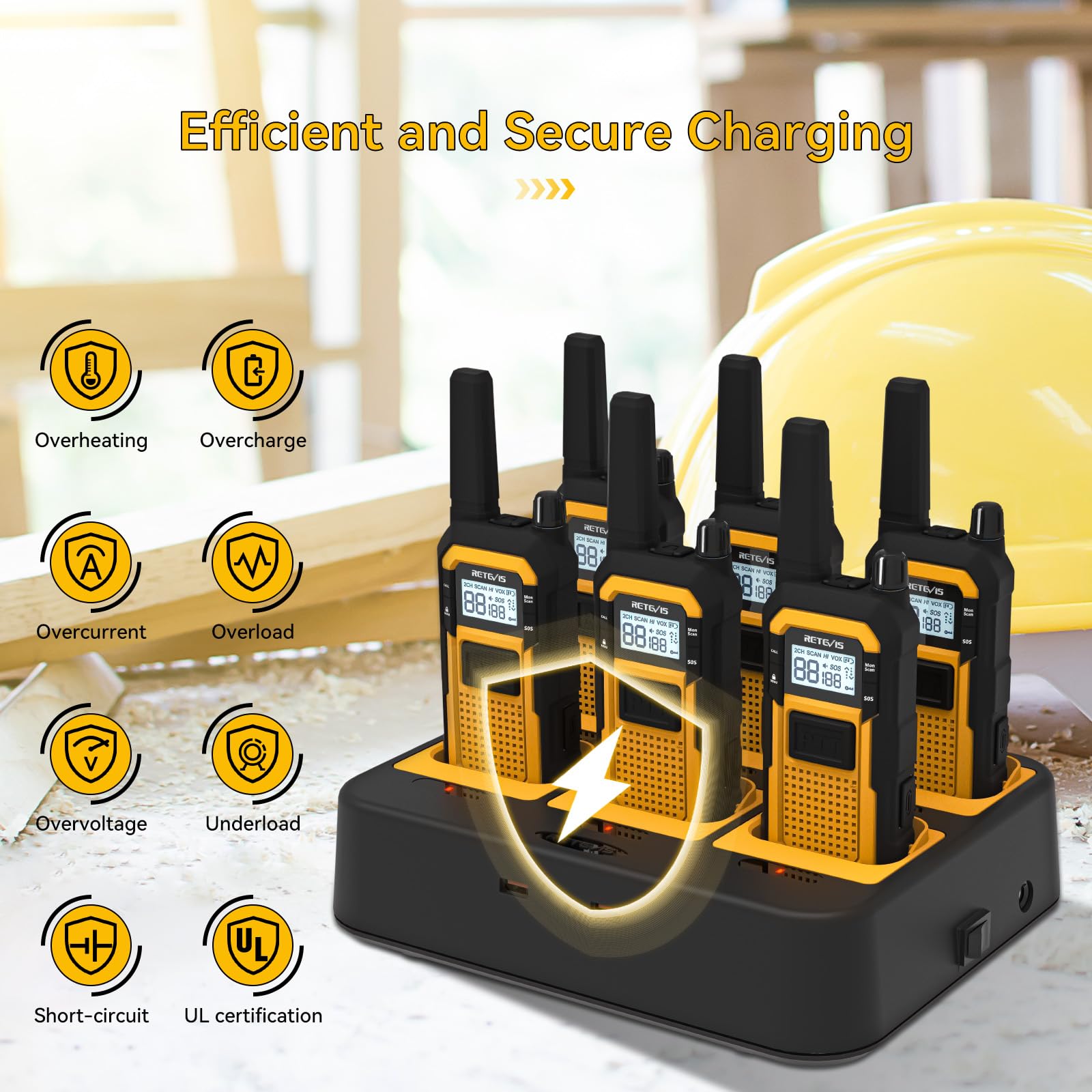 Retevis RB648 Impermeabile Walkie Talkie IP67, Ricetrasmittenti con Caricabatterie a 6 Vie, 2000mAh, Doppio PTT, VOX, Walkie Talkie Robusti per Adulti, Cantieri, Industriali (6 Pezzi, Giallo)