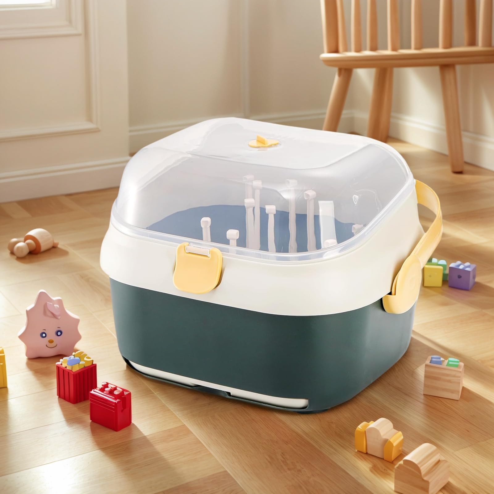 Kingrol Scolapiatti per biberon con coperchio per casa, cucina, viaggi, grande capacità, organizer per biberon con fori di drenaggio per bottiglie, tettarelle, tazze, pompa parti e accessori