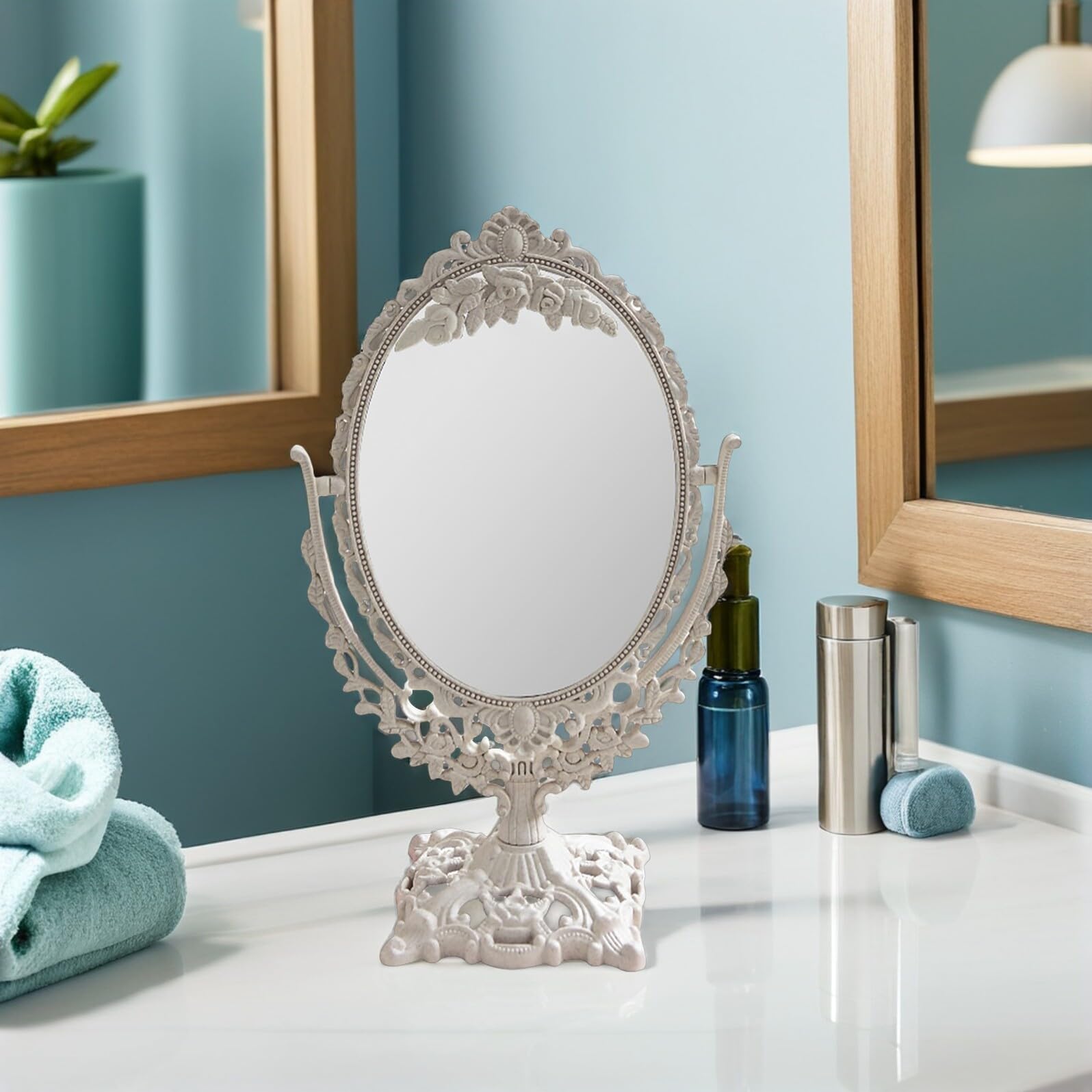 Garneck Tavolo Specchio 360 ° Rotazione Vintage Portatile Tabletop Make- Up Specchio Doppio Lato Stand Vanità per Bagno Camera Da Letto Dressing