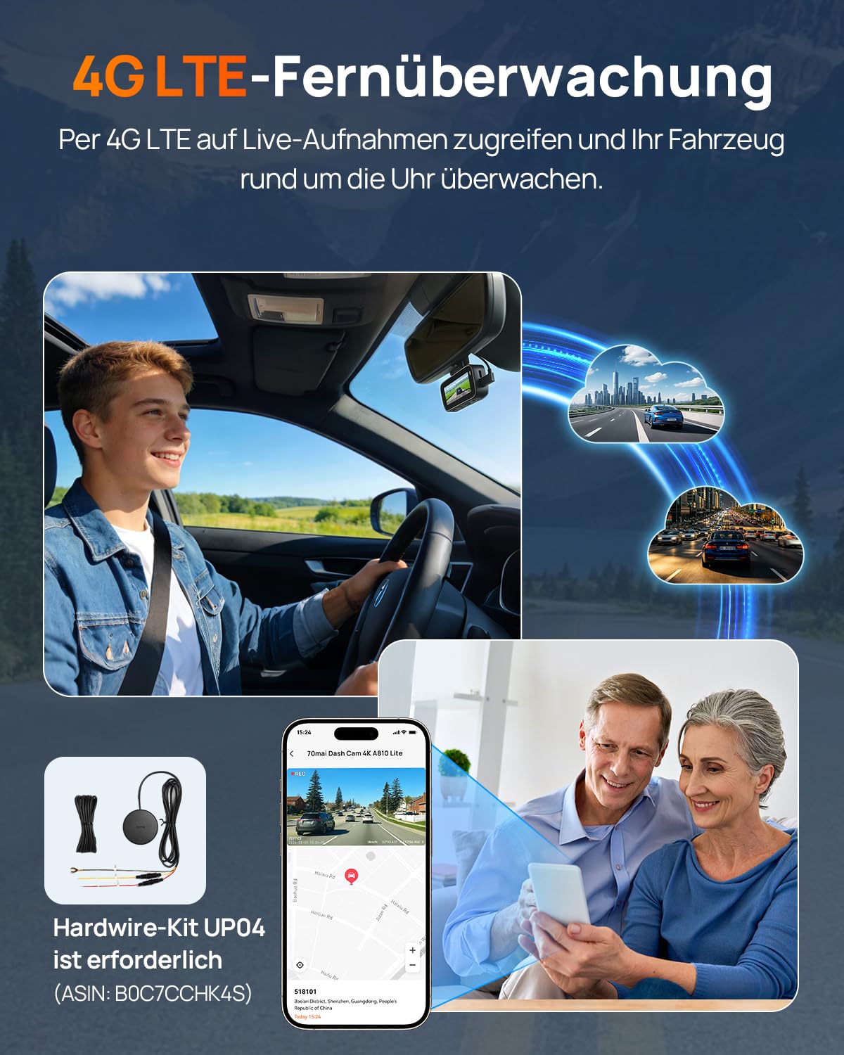 70mai A810 Lite Dashcam 4K 2160P+1080P 64GB Karte 24H Parküberwachung 4G LTE Fernzugriff G-Sensor Nachtsicht HDR F1.55 5GHz WiFi