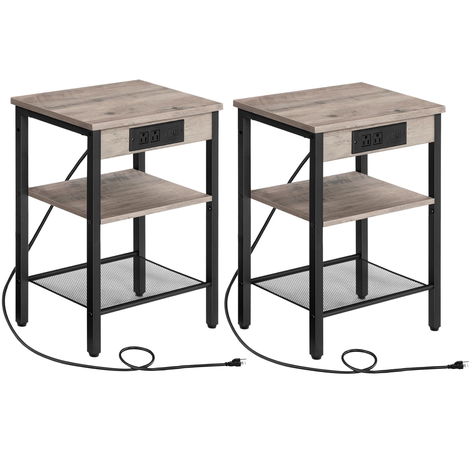 HOOBRO Side Tables Set of 2 with Charging Station and USB Port, Small End Tables for Small Space, 3-Tier Nightstands with Adjustable Shelf, for Living Room, Bedroom, Greige and Black BG112BZP201