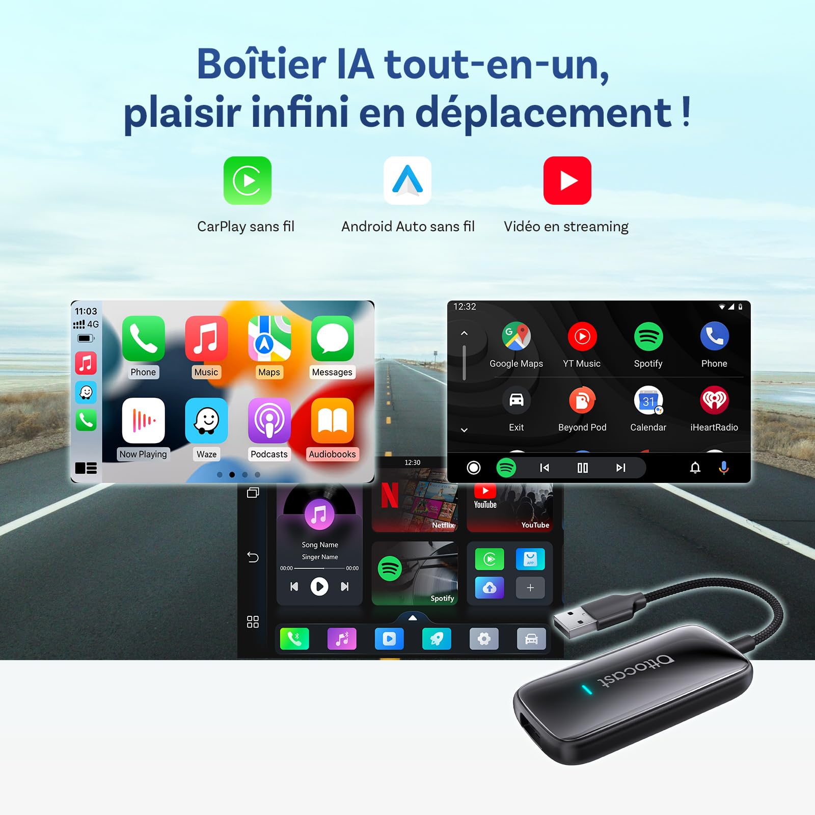 OTTOCAST Play2Video Ultra avec télécommande, 2026 Adaptateur sans Fil CarPlay & Android Auto avec Netflix/Youtube/IPTV/Prime Video intégrés, Android 12.0 AI boîtier pour Voitures avec CarPlay Filaire