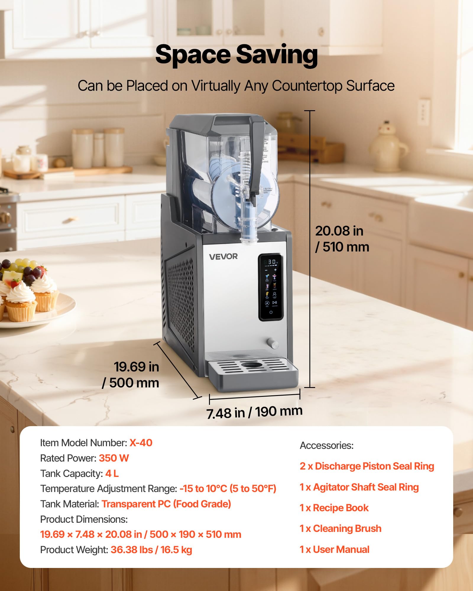 VEVOR Macchina per Granite 4 L 350 W Serbatoio Singolo Macchina per Bevande Ghiacciate Succo Fredde Cocktail, Funzione Autopulente per Preparazione Frappé, Milkshake, Frullati