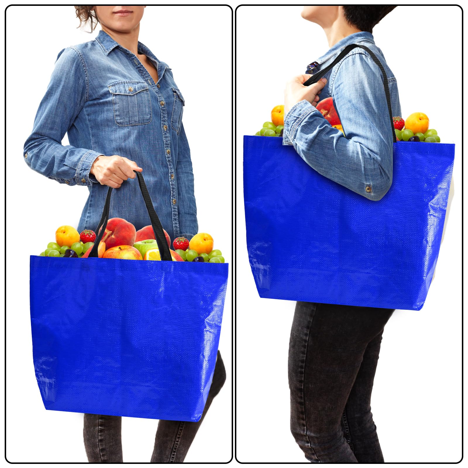 12 bolsas de comestibles, bolsa de compras reutilizable resistente con asas, bolsa impermeable de tamaño mediano para frutas, verduras, ropa, botellas, bebidas, organización, Amarillo, azul,