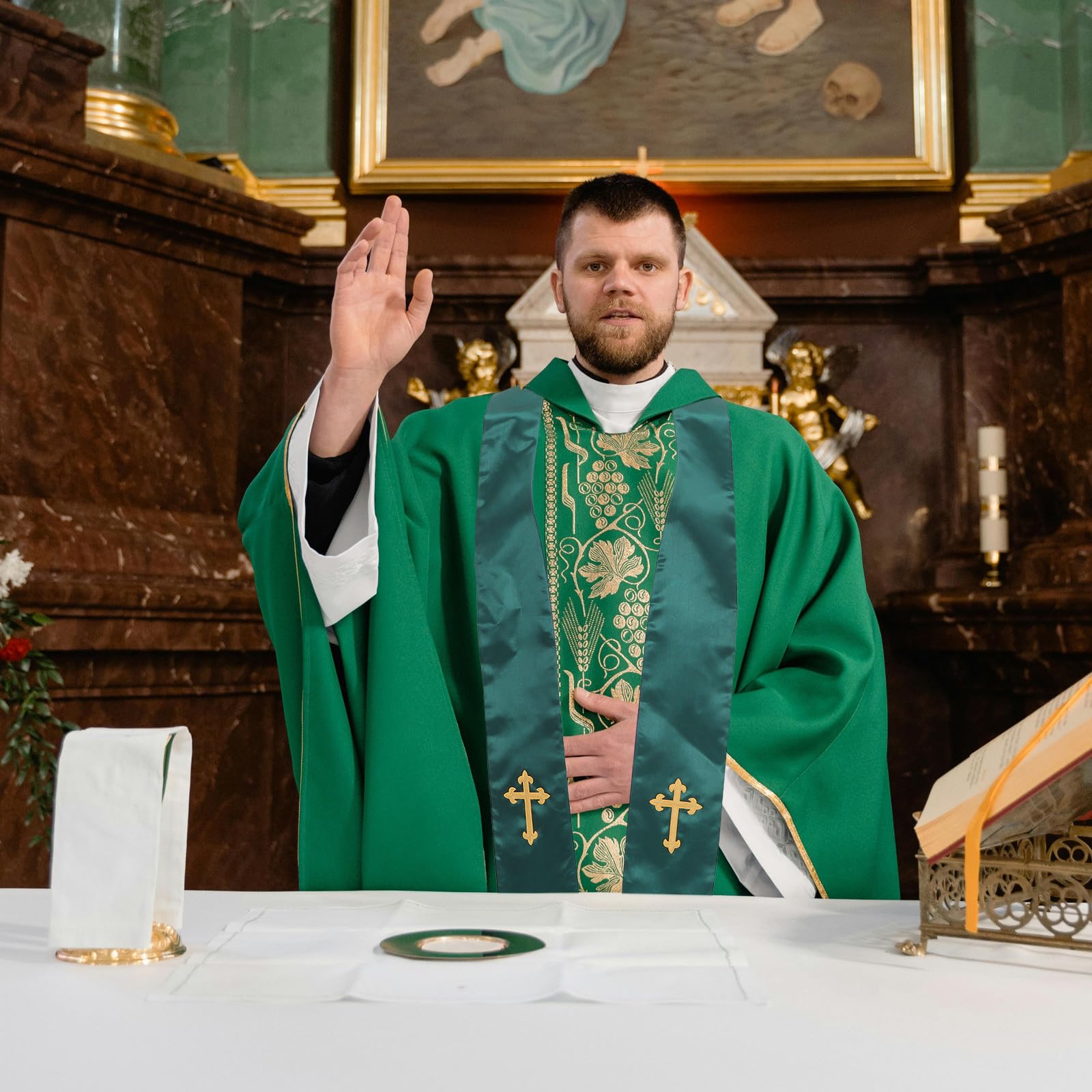 KOMBIUDA Étole de clergé réversible avec pompon - Écharpe brodée d'une croix - Accessoire de costume de pasteur ou de prêtre pour cérémonie religieuse ou mariage (noir et blanc)
