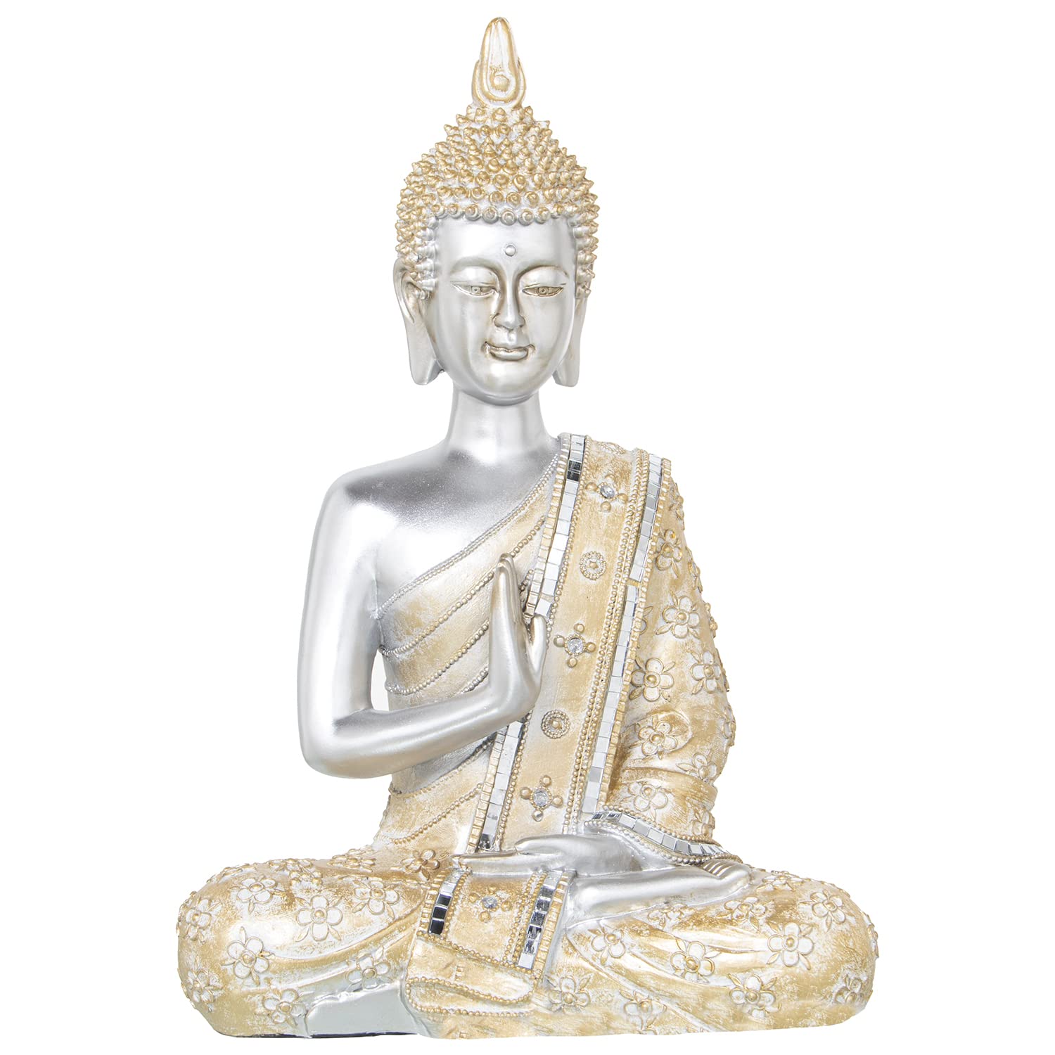 AlexandreHouse Figure Resin Buda Plateado Túnica Dorada 27 x 15 x 41 cm