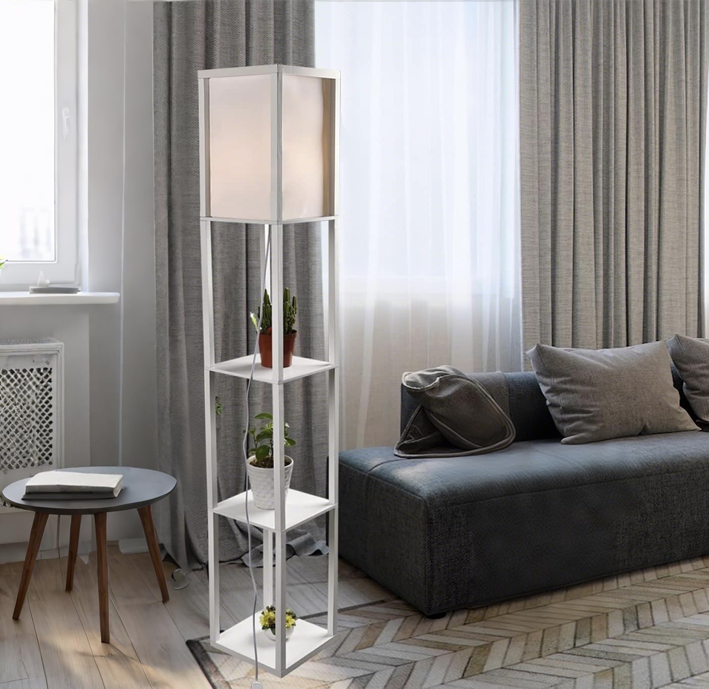 YU YUSING Lampada da Terra con Scaffale in Legno, Piantana con 3 Ripiani