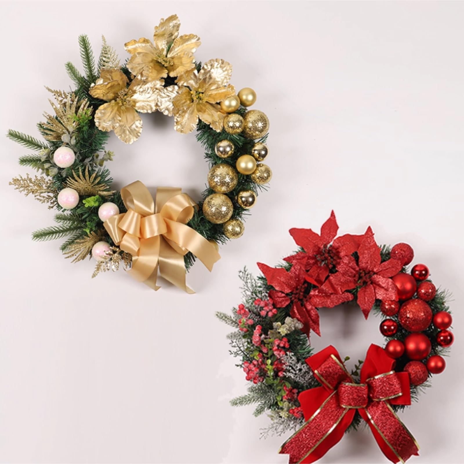 Couronne De Noel Porte Décorations De Porte, Couronne Noël avec Boules, Nœud Et Fleurs for Fenêtre Extérieure Couronne De Noel A Decorer(Gold)