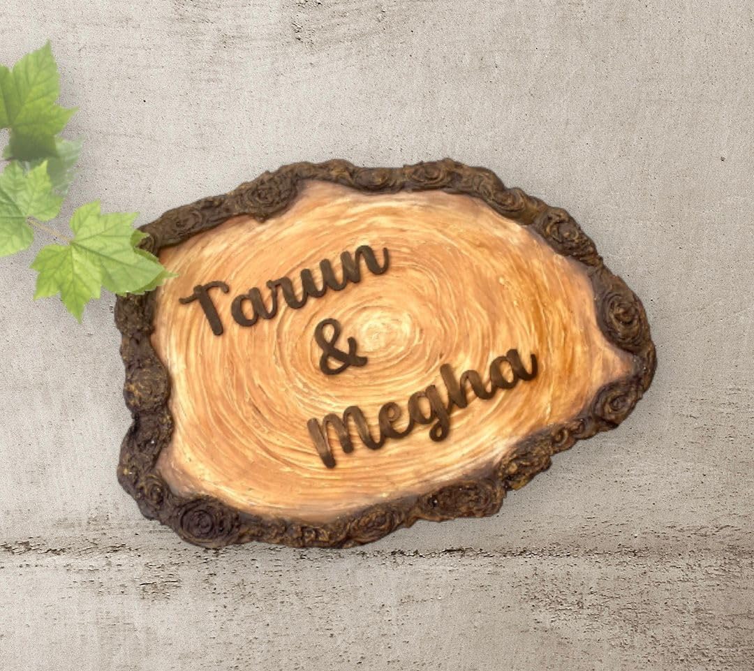 splash art rustic wood slice name sign, custom engraved natural tree bark edge, handcrafted home decor