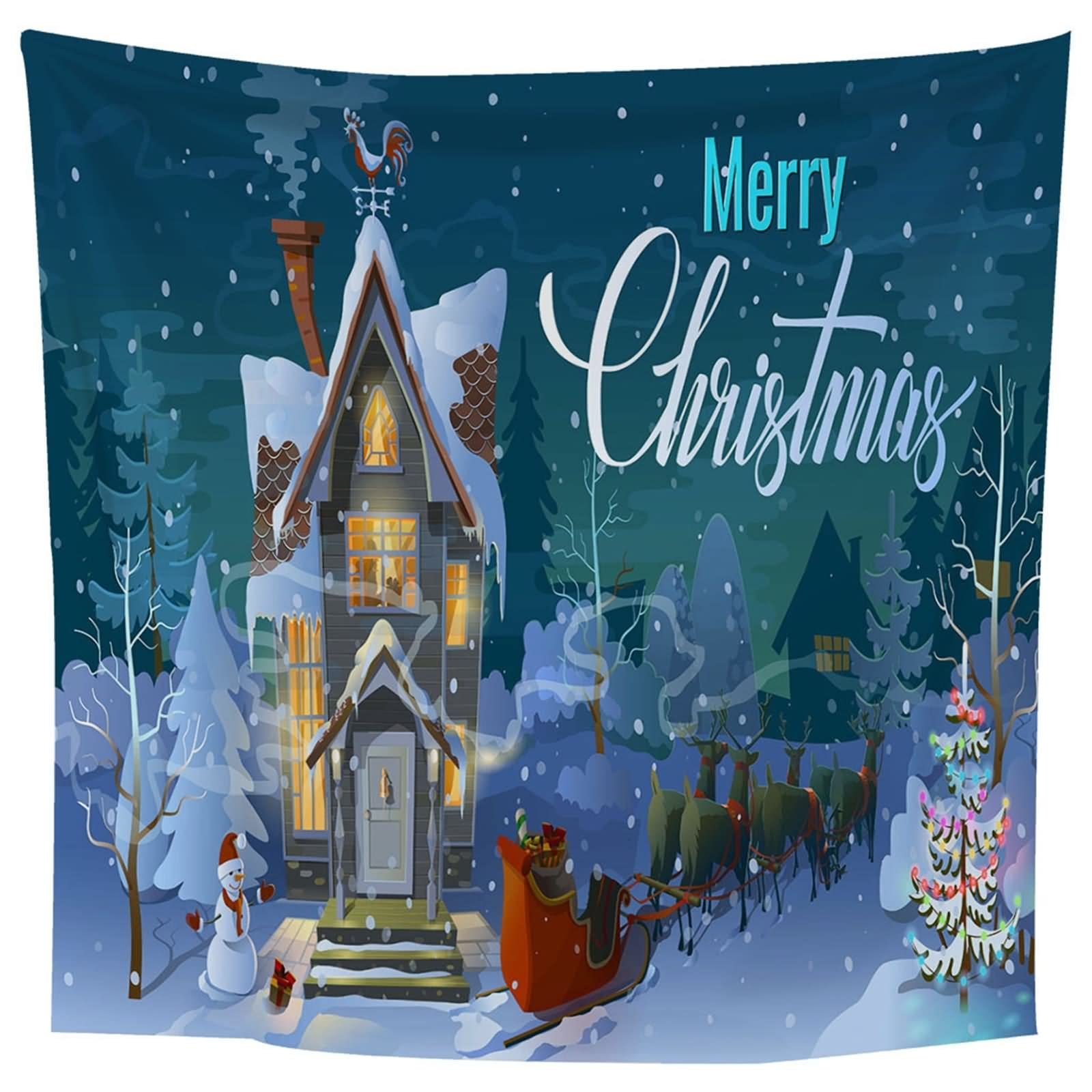 Tapiz Tela, Tapiz Navideño Ciervo Muñeco de Nieve con Árboles y Casa Azul Verde Blanco Poliéster 200X200cm