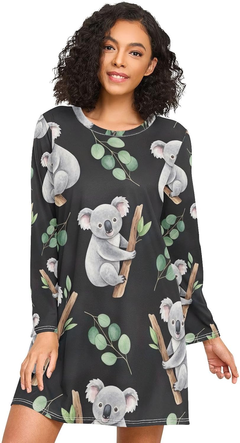 Womens Night Shirt, Long Sleeve Nightgowns for Women, Loose Sleep Dress for Fall Winter, Watercolor Koalas Black