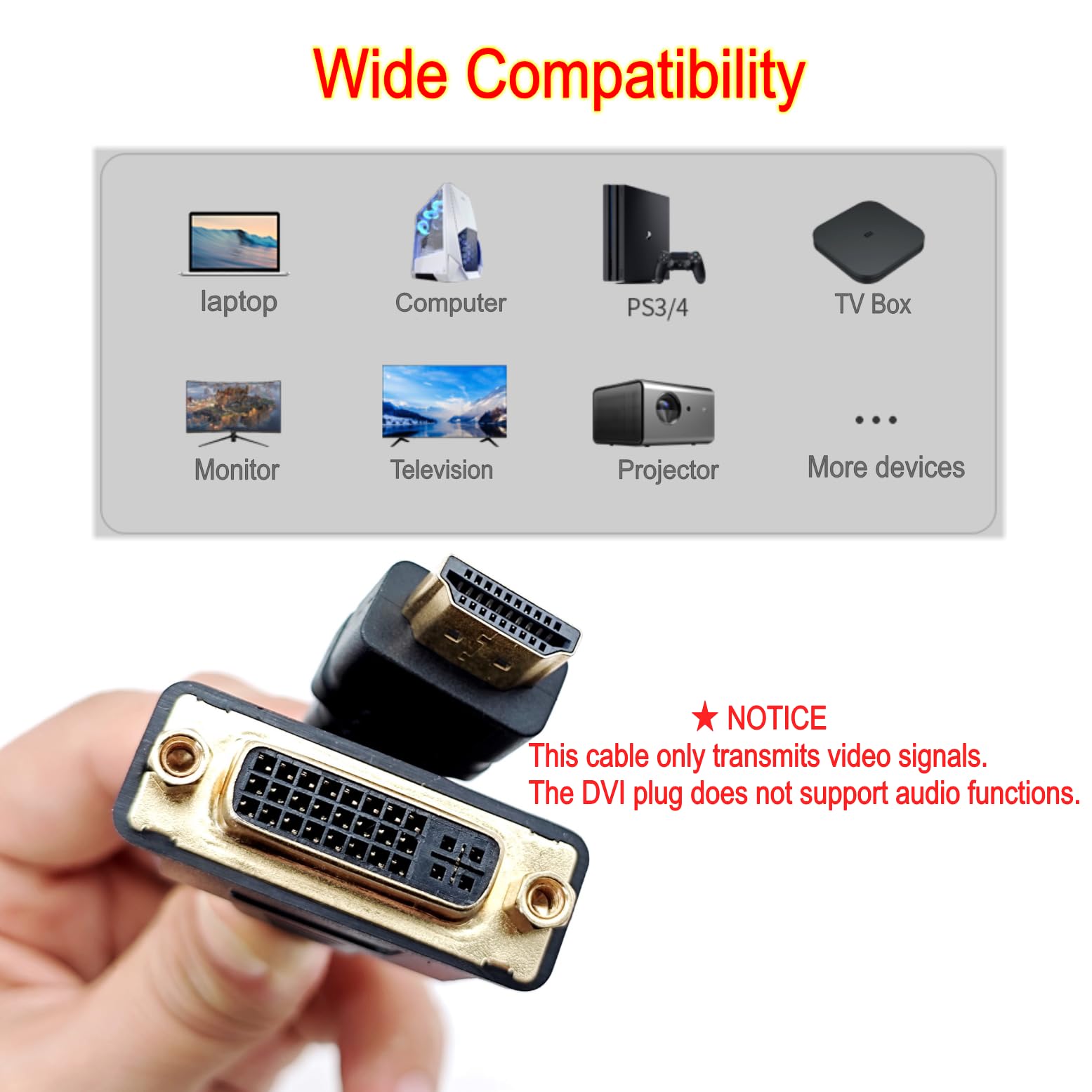 JZK adaptateur câble DVI vers HDMI bidirectionnel HDMI mâle vers DVI femelle 24+5 Full HD 1080p