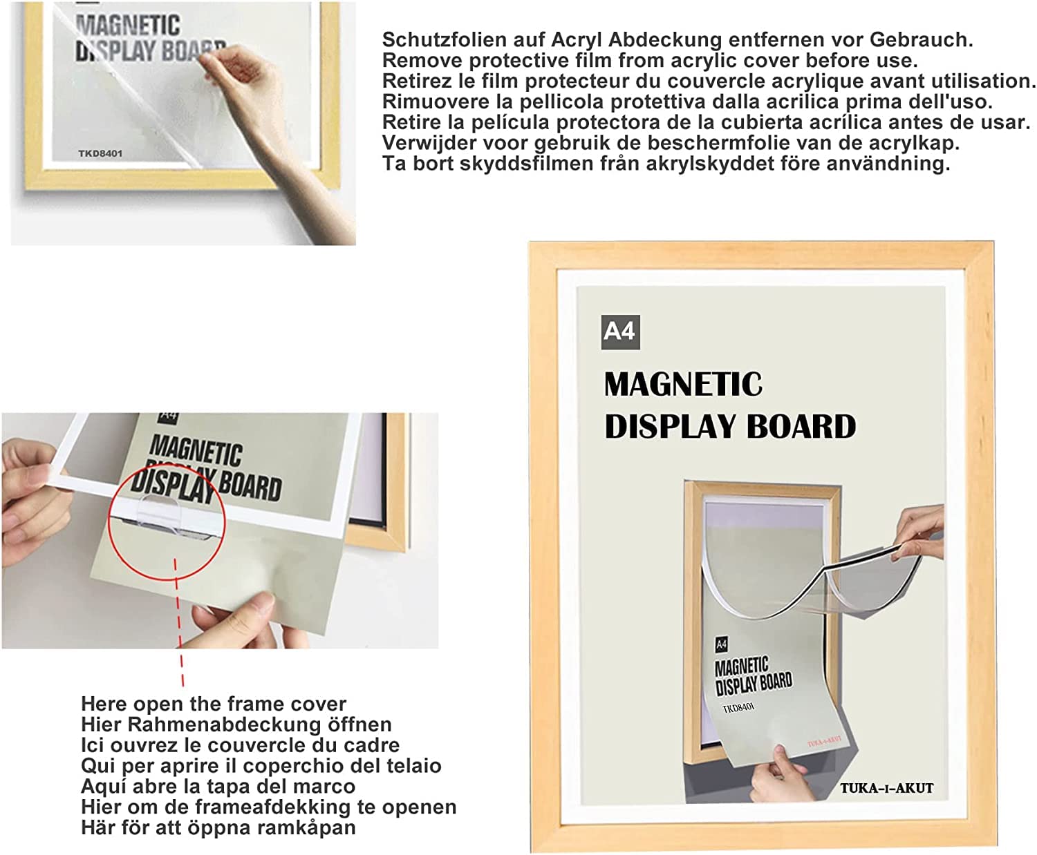 TUKA [4x] Cadre Bois Nature à Documents, A4 Cadre Interchangeable avec Acrylique Couverture et Fermeture Magnétique, Auto-adhésif Cadre Mural à Poser Affiche Photo, Changement Rapide, TKD8401-A4-4X