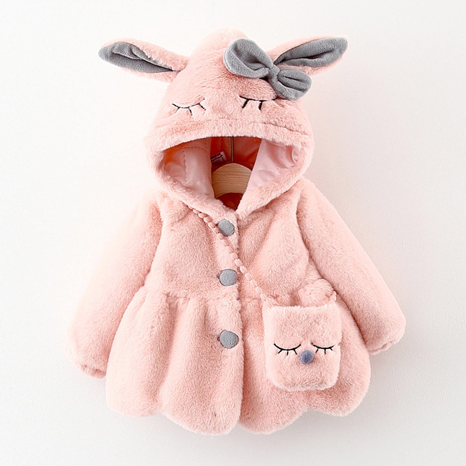 RNTOP Toddler Baby Girls Winter Coat Faux Furry Fleece Jacket Rabbit Bunny Ear Coats with Bag Girls (Pink, 0-6 months)