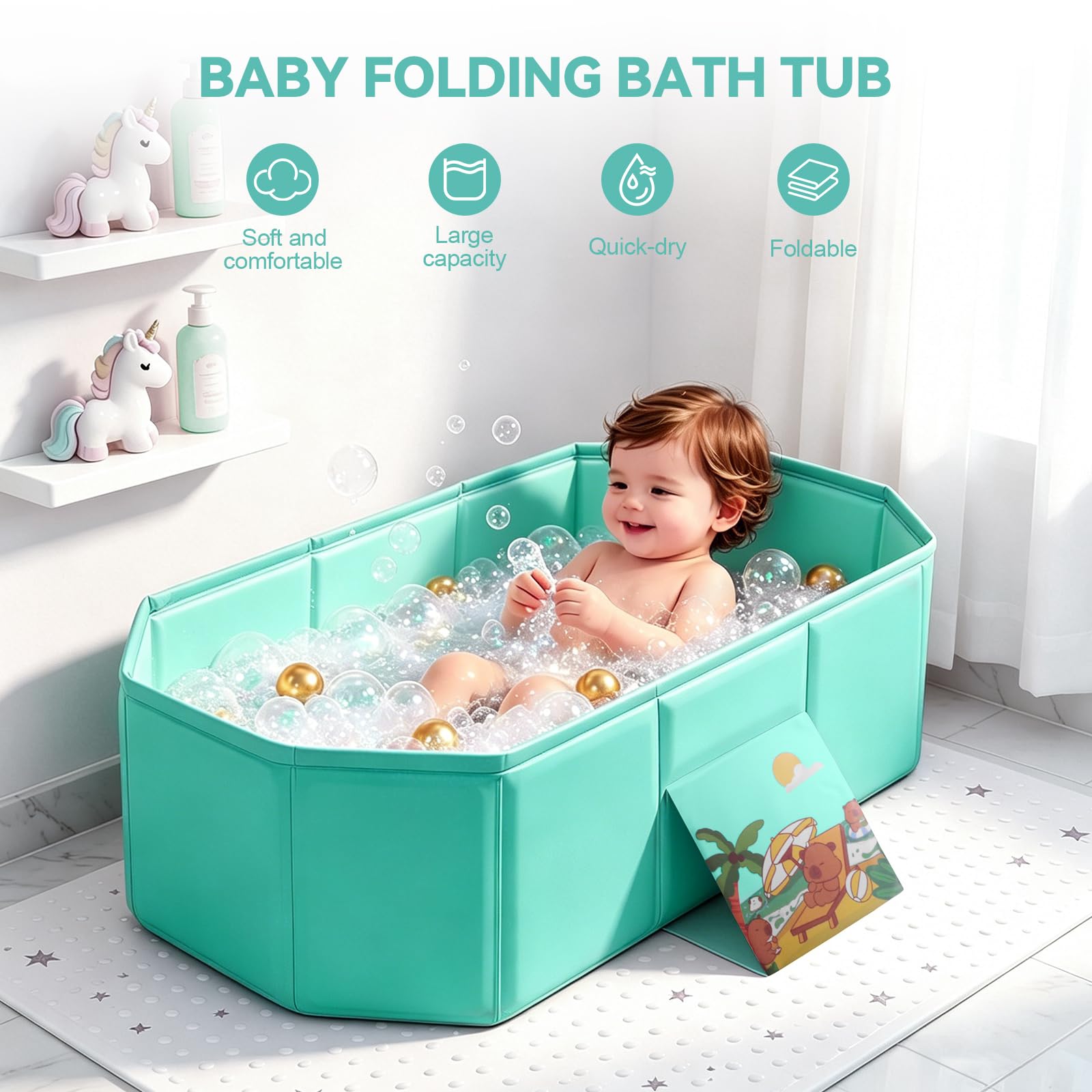 Bañera plegable para bebés con diseño todo en uno y tapón de drenaje, bañera para niños pequeños para el hogar, ducha y viajes, bañera portátil para niños (verde)