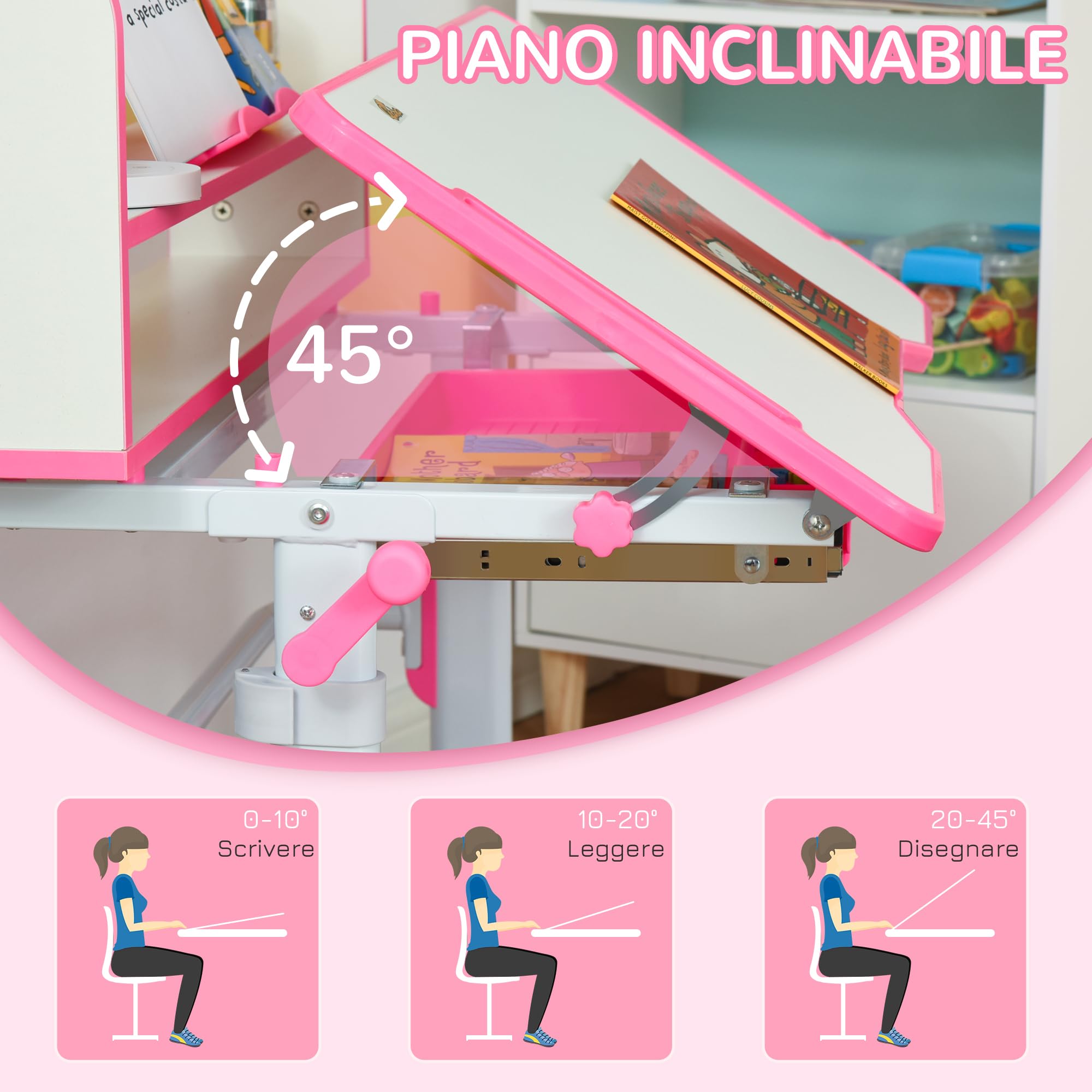HOMCOM Set Scrivania e Sedia per Bambini 6-12 Anni Regolabili in Altezza, Banco Scuola con Piano Inclinabile 45°, Lampada, Cassetto, Scaffale, Portapenne e Leggio, in Acciaio e MDF, Rosa