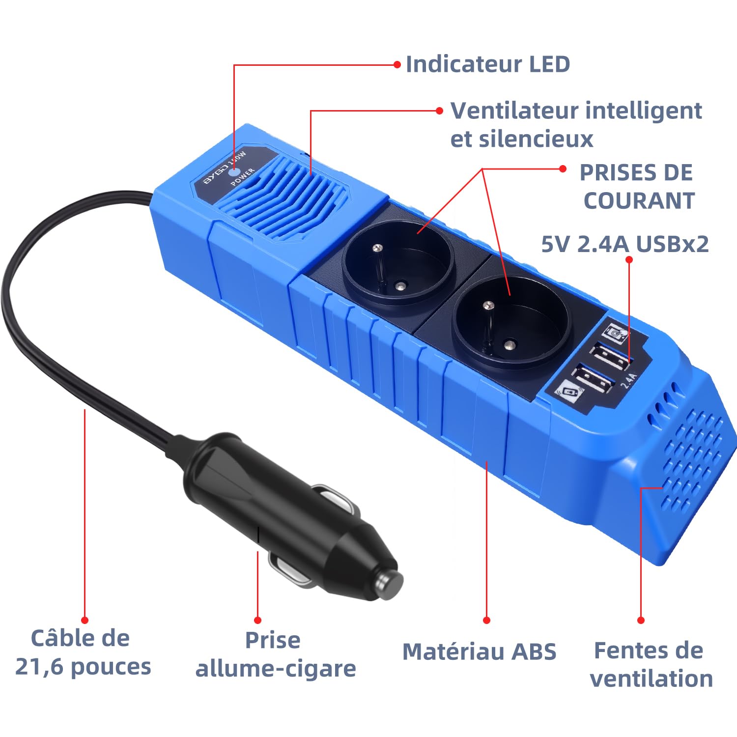BYGD Convertisseur 12v 150W, Prise Allume Cigare Transformateur de Tension avec 2 Ports USB et 2 Prises EU Electrique pour Auto, Phone, Tablette, Ordinateur, Camping (Bleu)