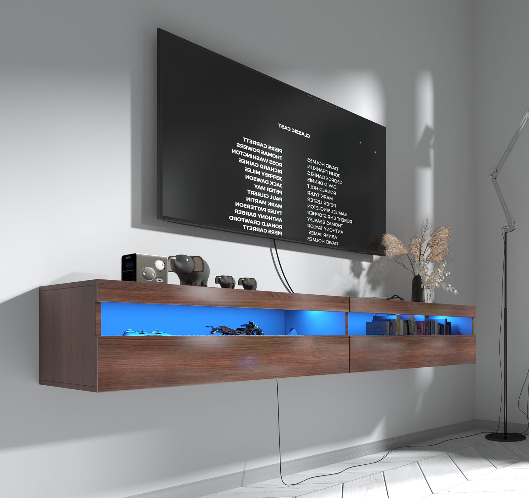 Floating TV Stand, Wall Mounted TV Shelf with Led Lights & Power Outlet, 71" Modern Entertainment Center Media Console with Storage, High Gloss TV Cabinet for 65/75/80 inch TV (Walnut)
