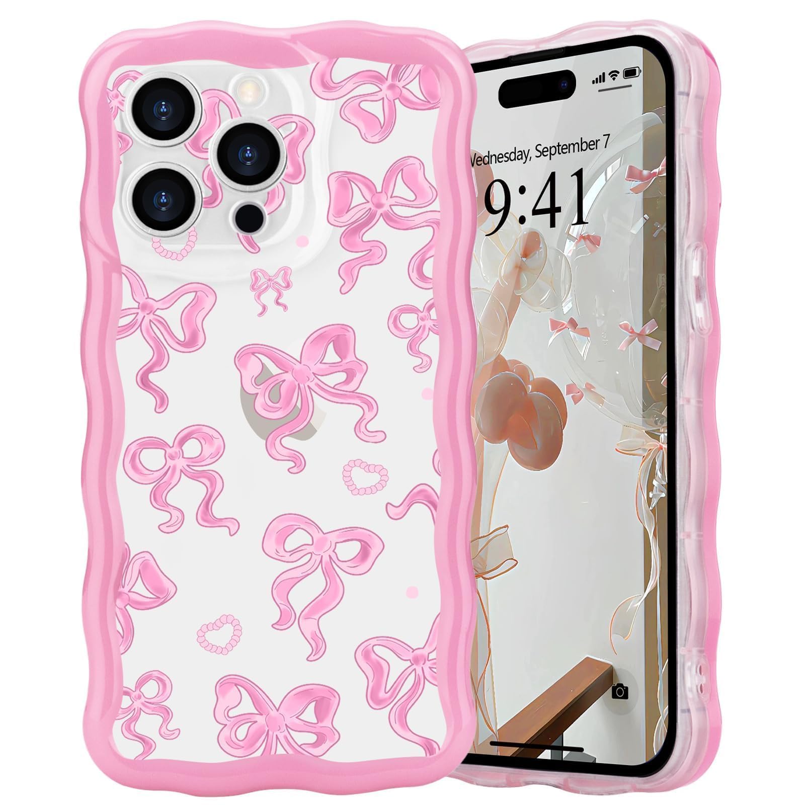 L-FADNUT for iPhone 15 Pro Max 6.7'' Case,Simple Curly Wave Frame Clear Case with Aesthetic Bow Design for Girls Women Soft Silicone Protective Phone