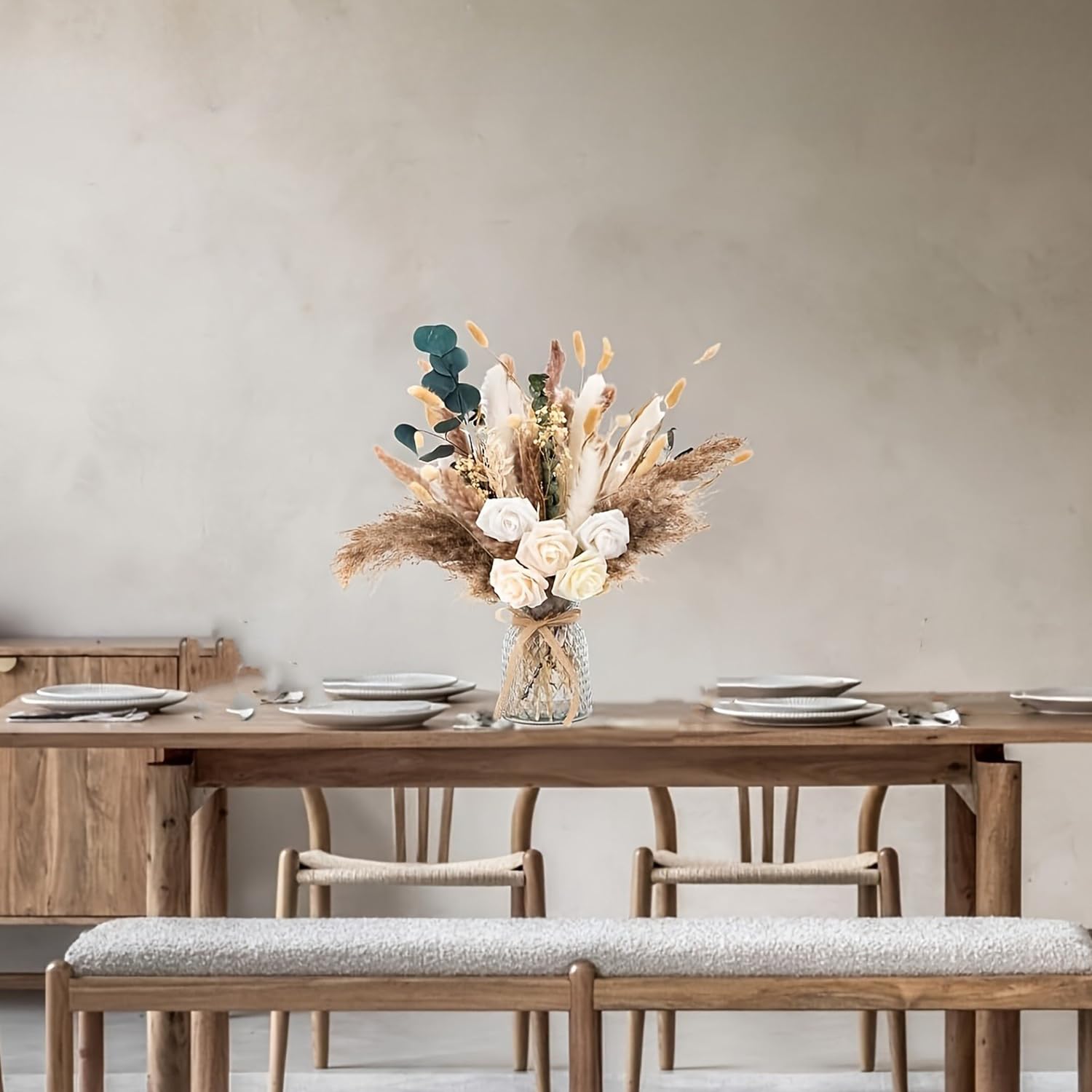 Bouquet di erba della pampa essiccata con rose artificiali arancioni e bianche, composizione floreale rustica bohémien in vaso di vetro, 43 cm, per decorazione domestica, centrotavola per