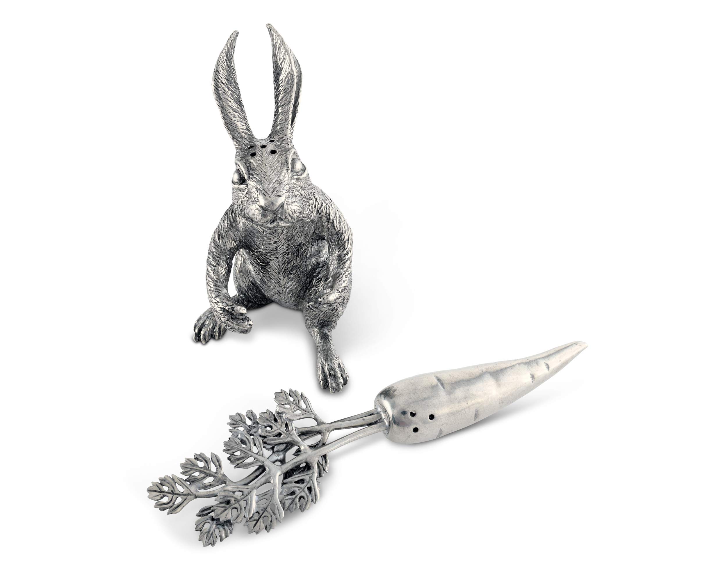Vagabond House Rabbit with Carrot Salt and Pepper Silver/Pewter Shaker Set easter or bunny tableware 5.5 inch Tall